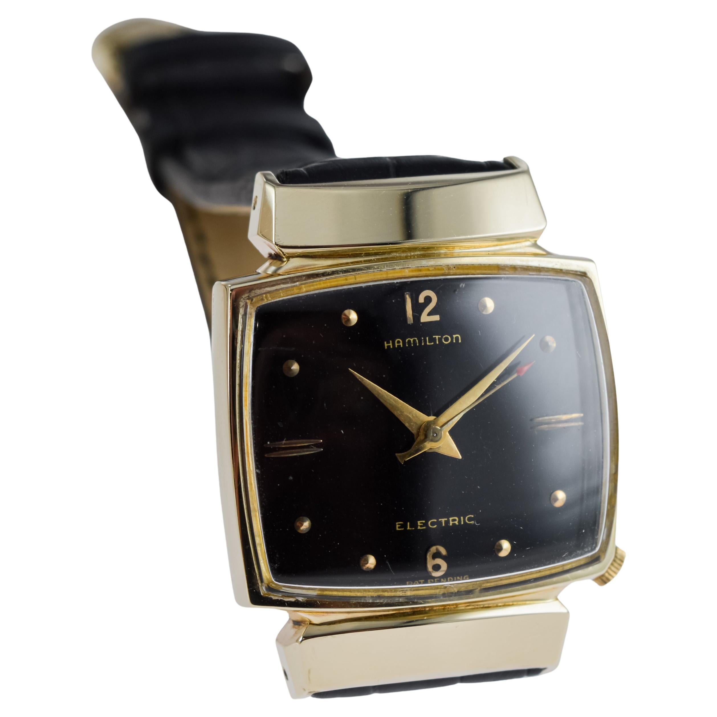 Hamilton Gold Filled 1950's Battery Watch Original Black Dial and Original Strap For Sale 4