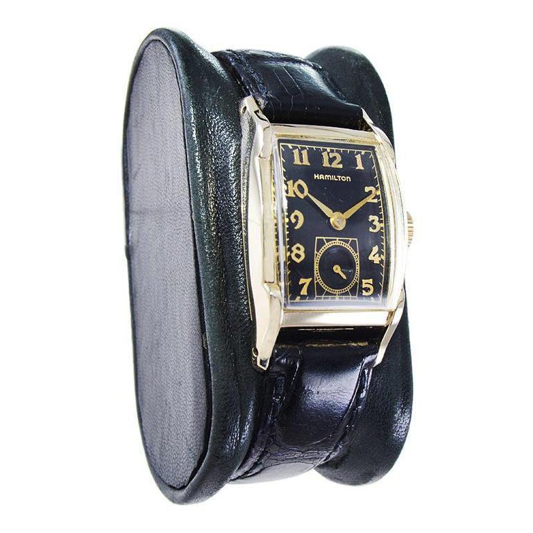 Hamilton Gold Filled Art Deco Tonneau Shape with Flawless Original Dial, 1950's In Excellent Condition In Long Beach, CA