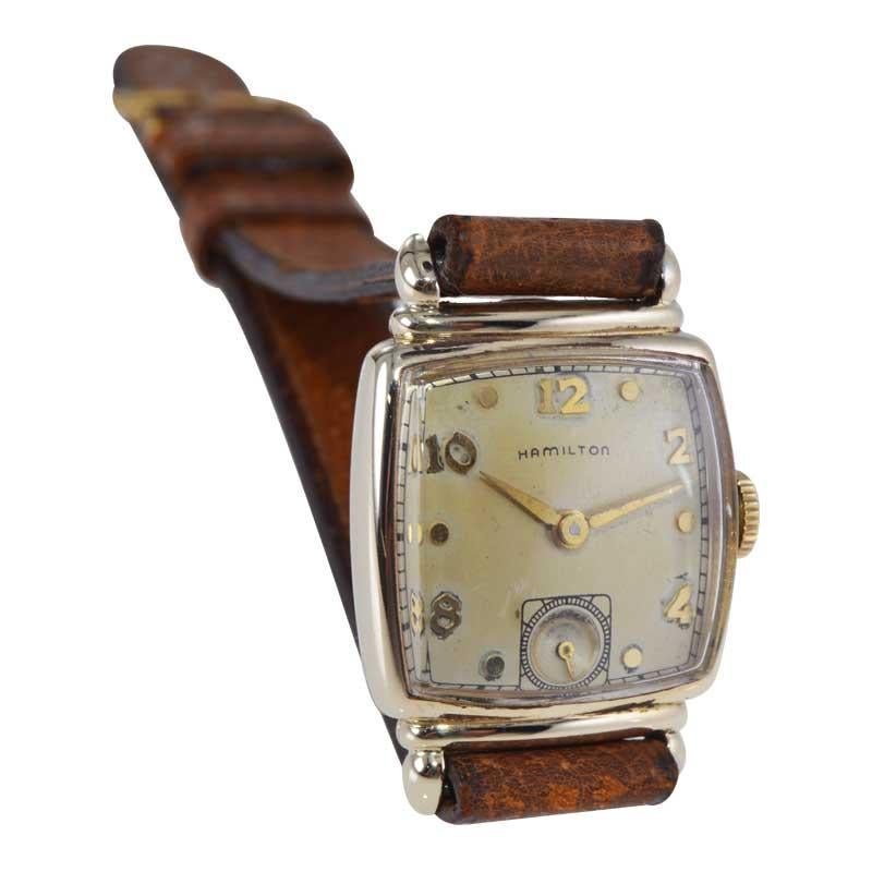 Hamilton Gold Filled Cushion Shaped Watch with Original Sterling Silver Dial In Excellent Condition In Long Beach, CA