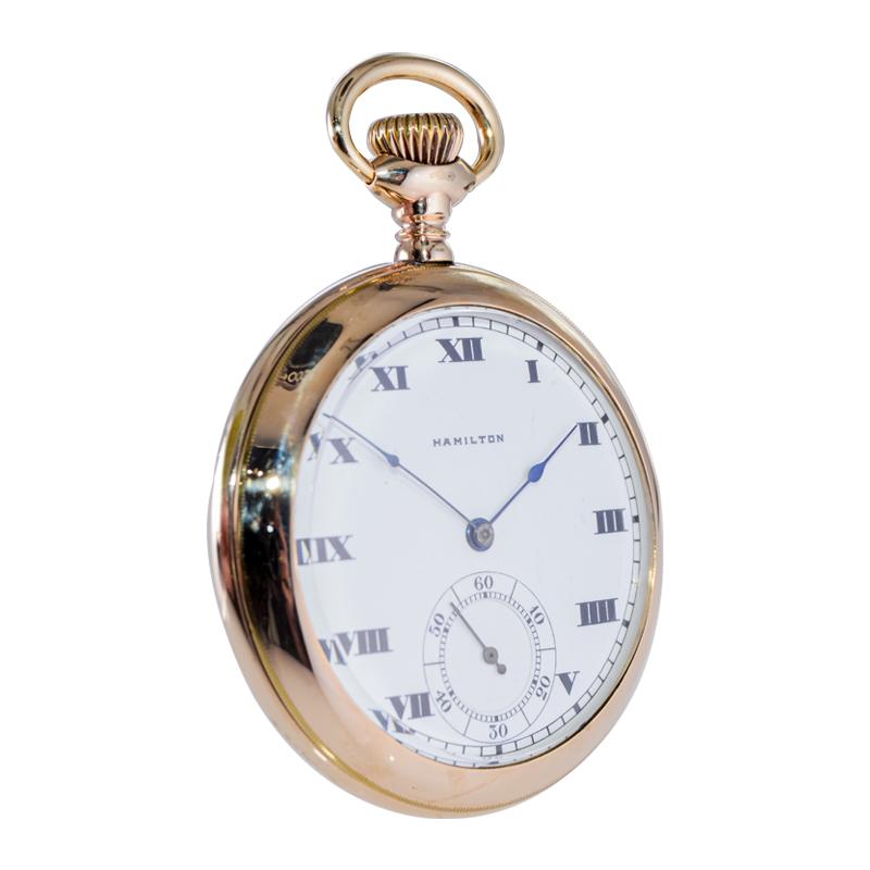 Hamilton Gold Filled Open Faced Pocket Watch with Kiln Fired Dial from 1916 In Excellent Condition For Sale In Long Beach, CA