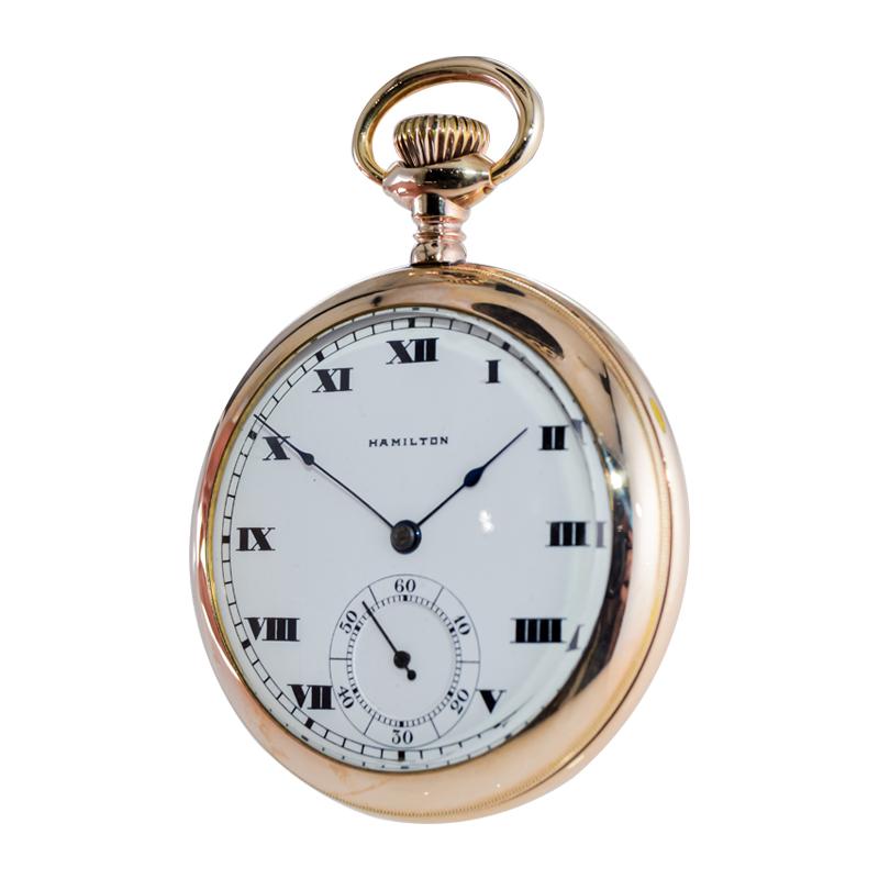 Hamilton Gold Filled Open Faced Pocket Watch with Kiln Fired Dial from 1916 For Sale 1