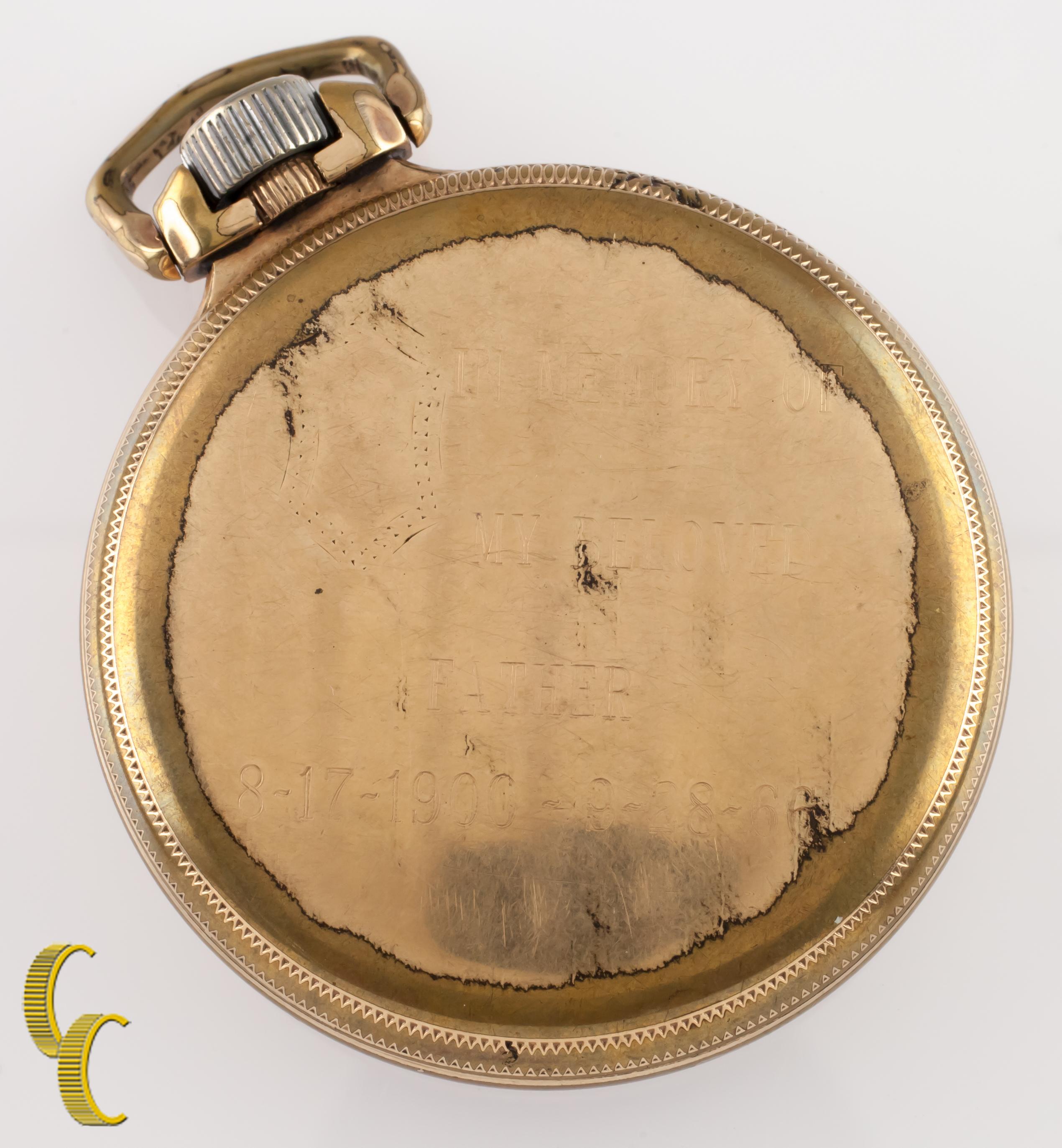 Beautiful Antique Hamilton Pocket Watch w/ White Dial Including Black Hands & Dedicated Second Dial
Yellow 10K Gold Filled Case w/ Personal engraving 