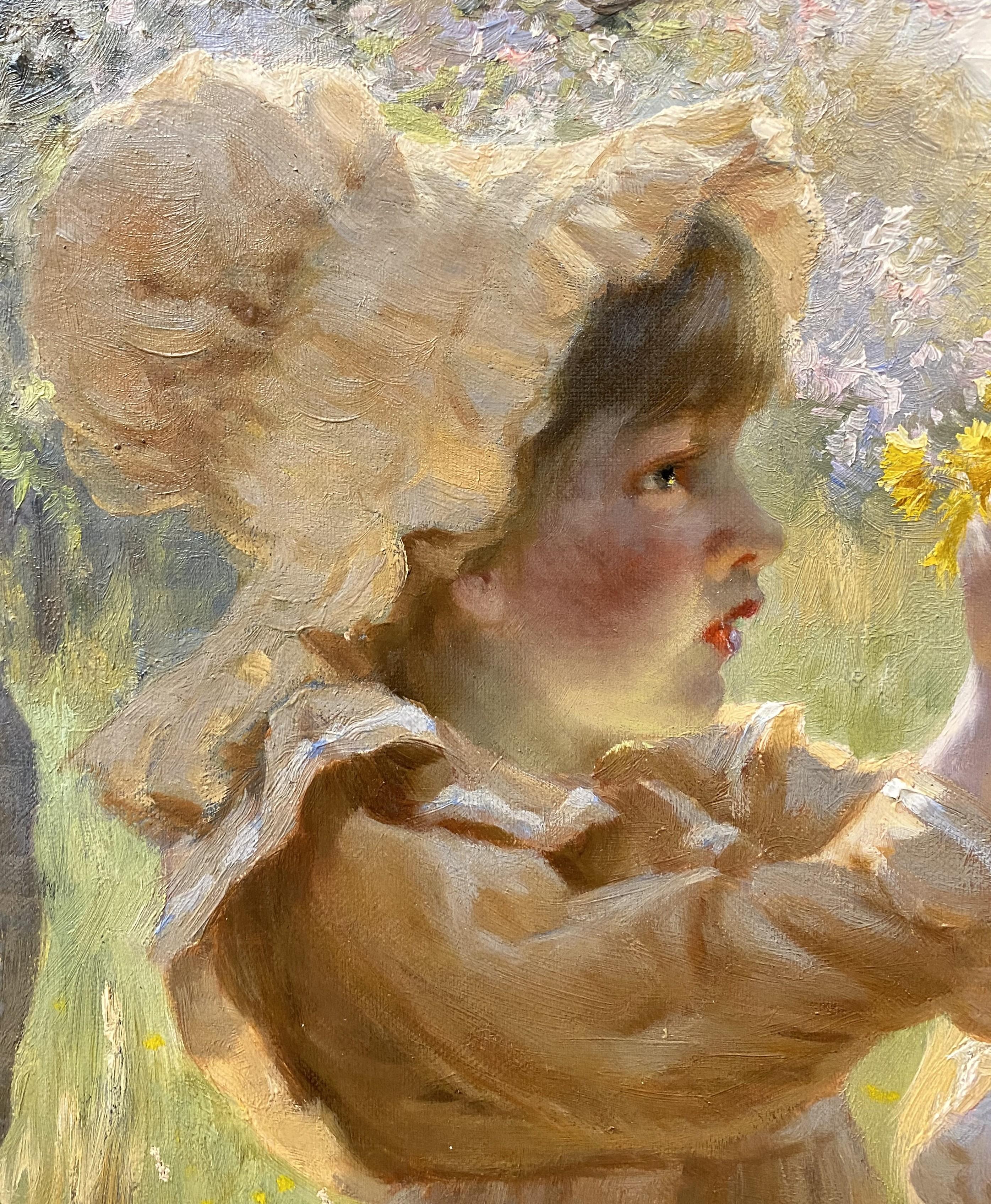 Magnifique portrait en pied de deux jeunes filles, peut-être celles de l'artiste, avec des fleurs de printemps, par l'artiste britannico-américain Hamilton Hamilton (1847-1928). Hamilton est né à Oxford, en Angleterre, a émigré avec sa famille à