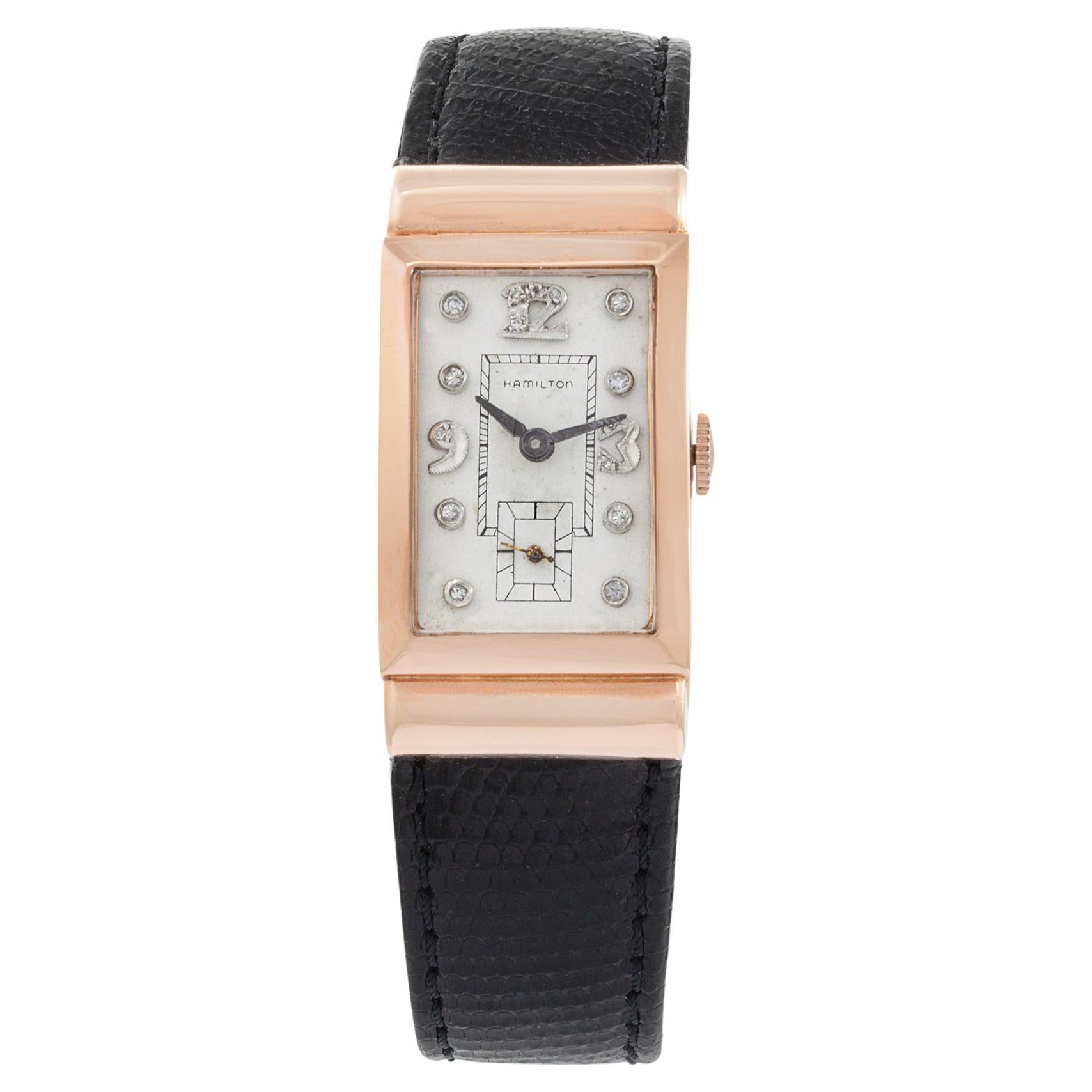 Hamilton Hooded Lug Tank Watch 14K Rose Gold and Diamonds For Sale