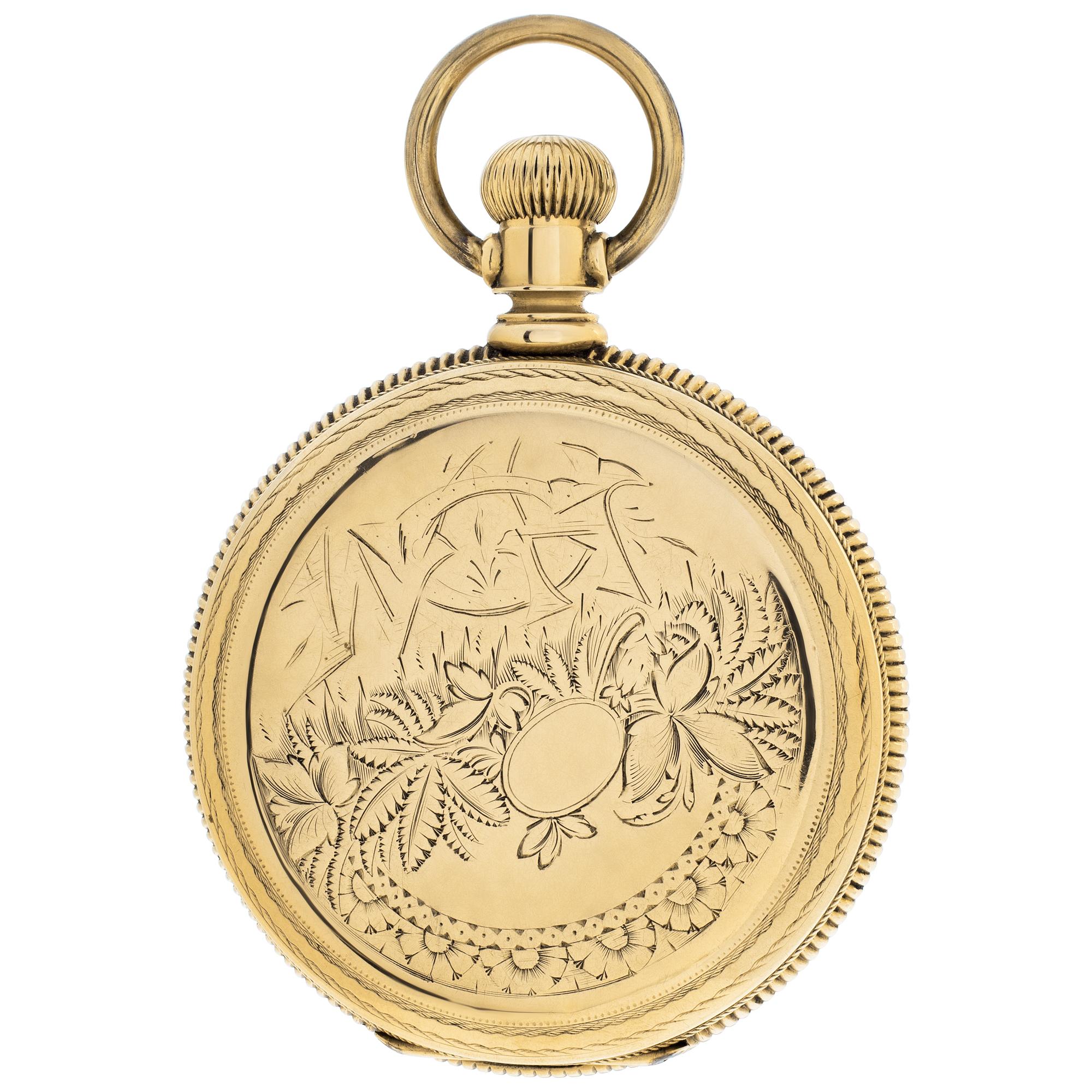 Hamilton Hunter Case pocket watch in 14k yellow gold with etched garden motif on the case. Triple sunk white dial with Arabic numerals and sub-seconds. 16 size case made by Dueber. Presentation engraving from 1886. Double roller 21 jewel manual wind