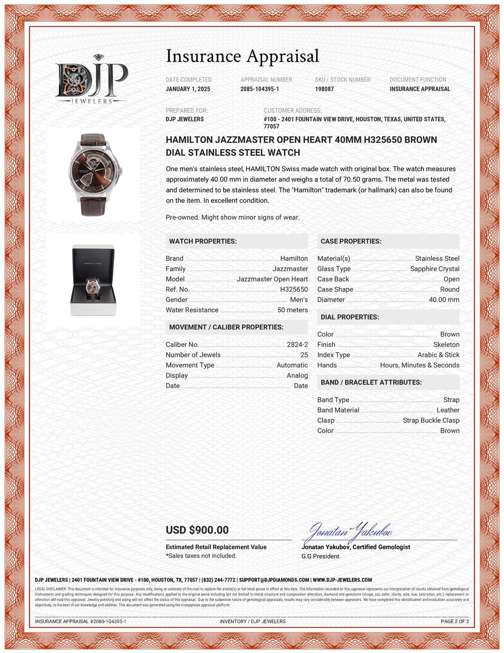 Hamilton Jazzmaster Open Heart 40MM H325650 Brown Dial Edelstahl Uhr 5