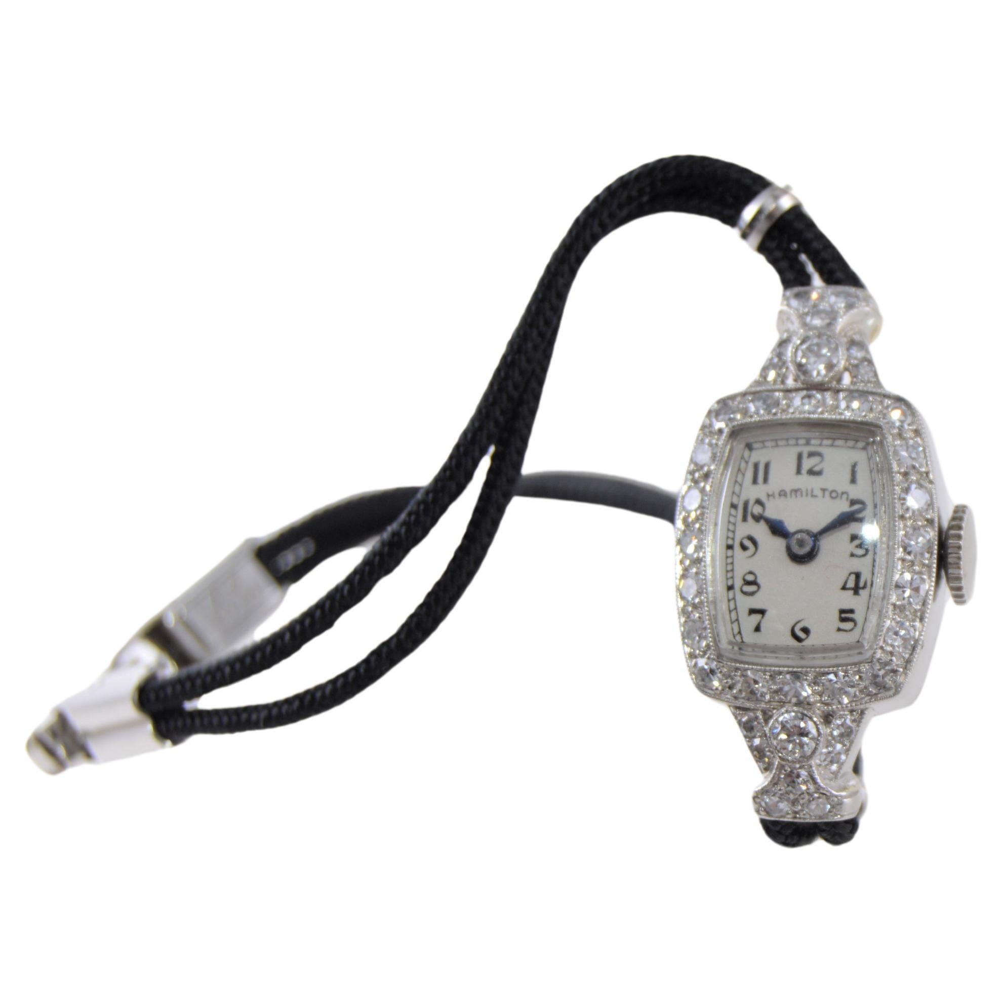 Hamilton Ladies Platinum Art Deco Dress Watch from 1940's  In Excellent Condition In Long Beach, CA