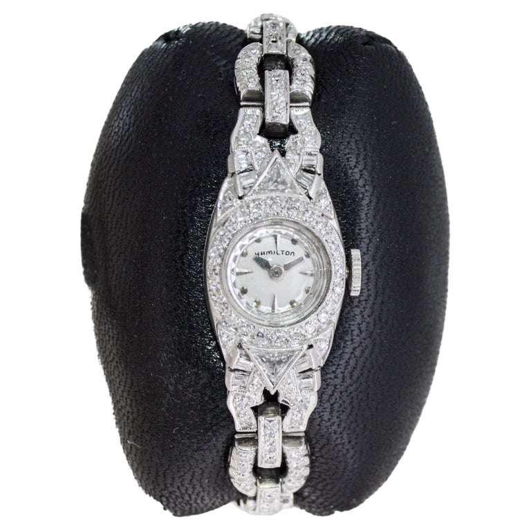 Hamilton Ladies Platinum Art Deco Evening Watch Gold Diamond Bracelet 1940's