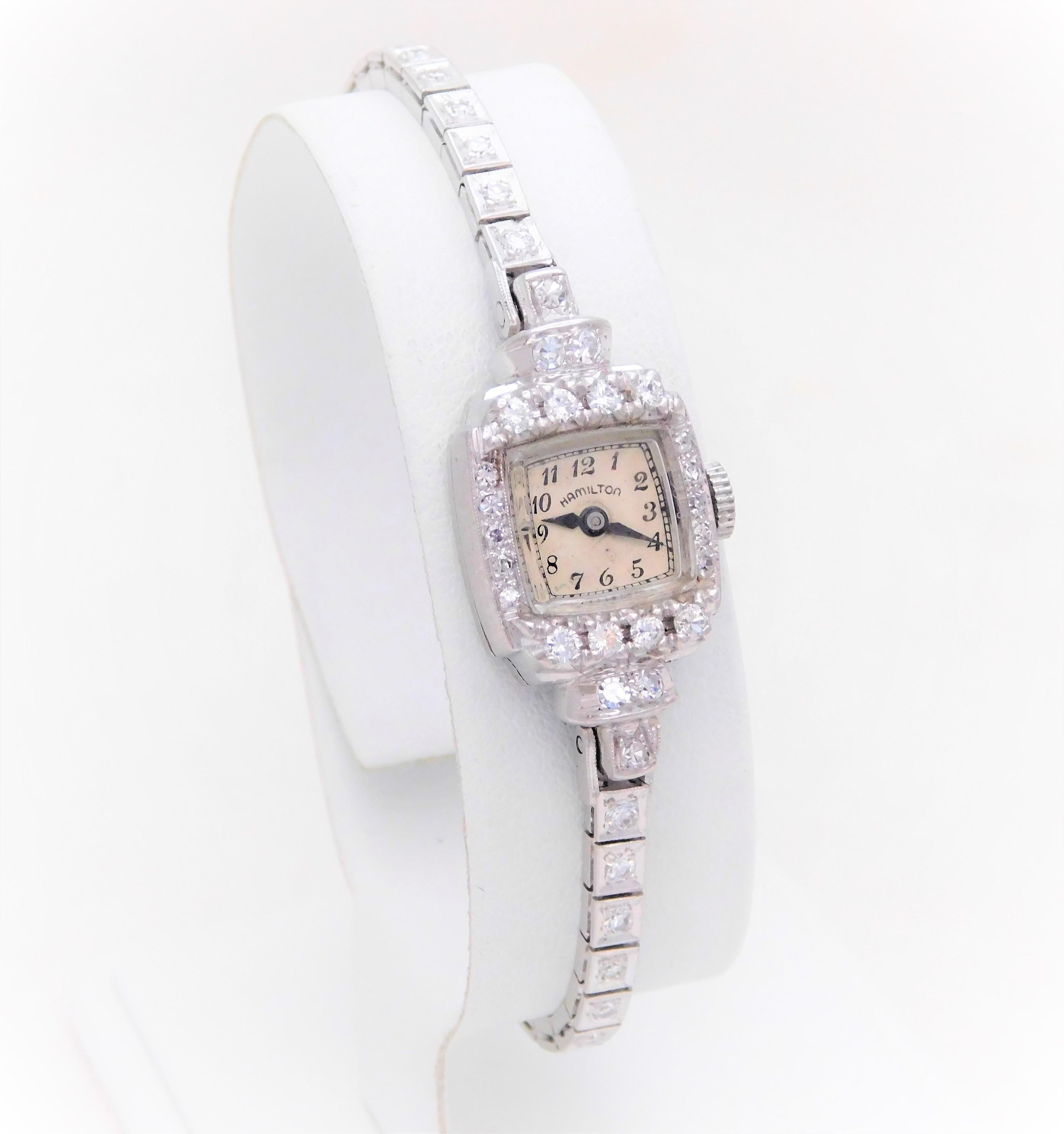 Round Cut Hamilton Ladies Platinum Diamond Art Deco manual Wristwatch, circa 1930