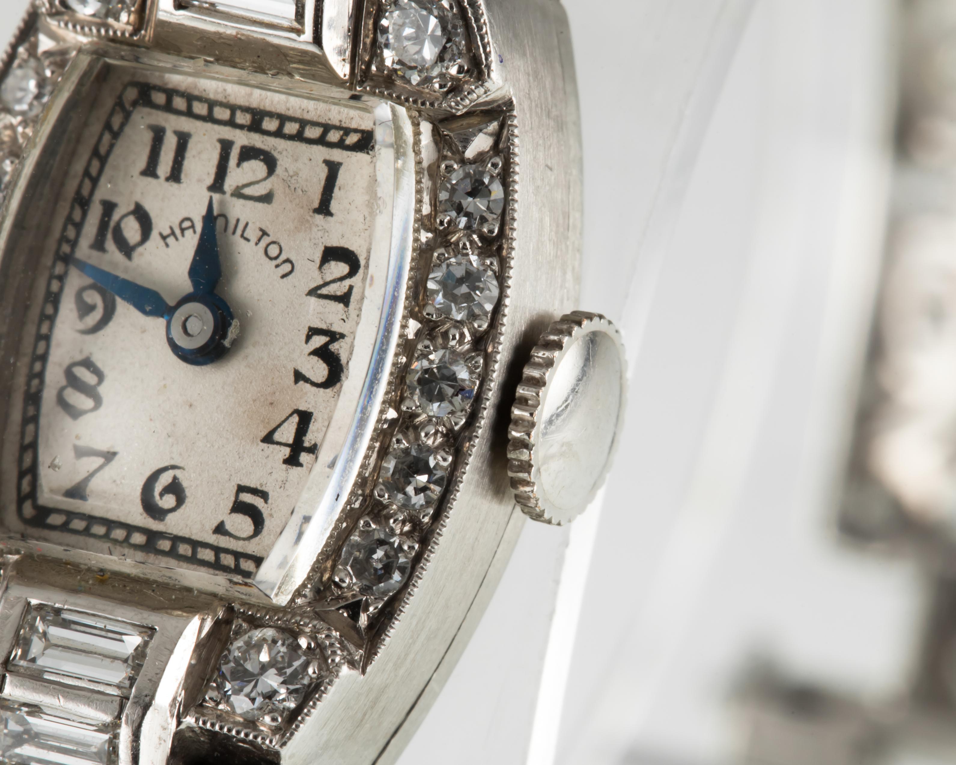 Hamilton Damen Platin-Diamant-Kleiduhr Delicate Filigrane Uhr #911 im Zustand „Gut“ im Angebot in Sherman Oaks, CA