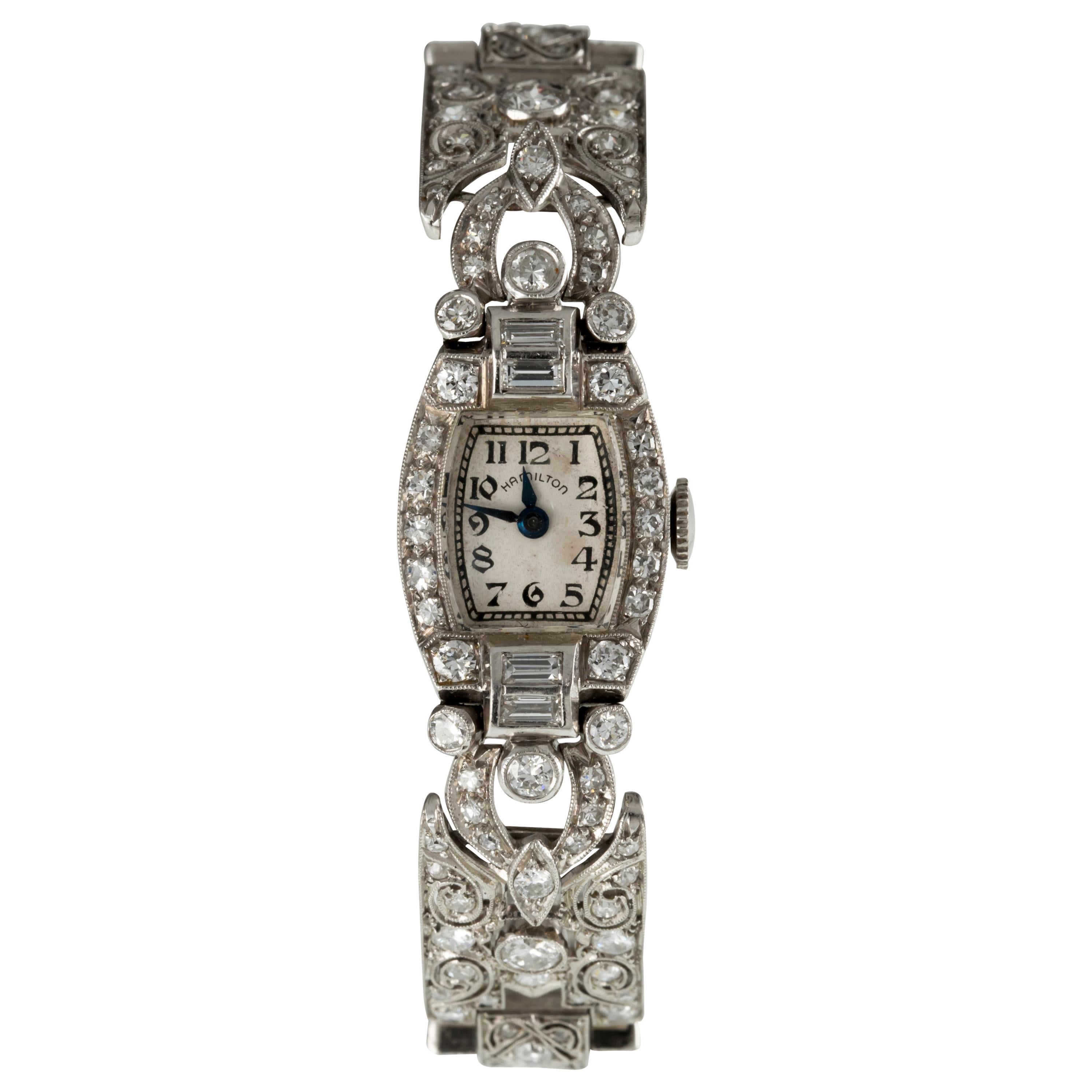 Hamilton Ladies Platinum Diamond Dress Watch Delicate Filigree Movement #911
