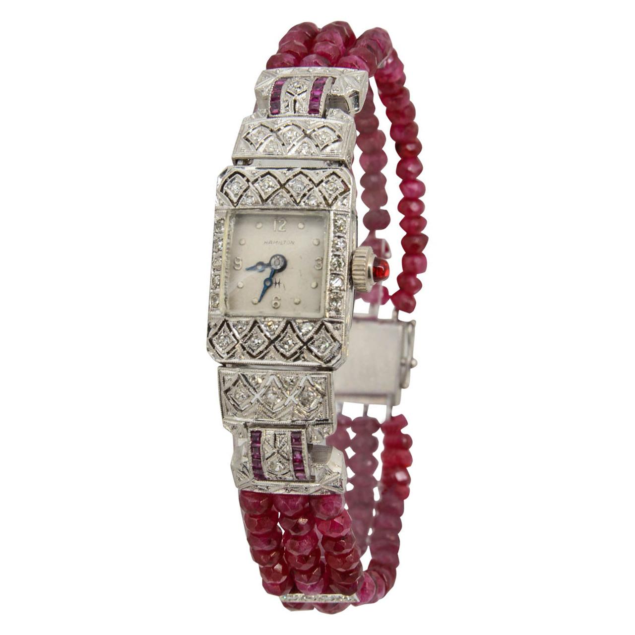 Hamilton Ladies Platinum Diamond Ruby Bead Bracelet Wristwatch