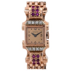 Vintage Hamilton Ladies Rose Gold Ruby and Diamond Dress Model Wristwatch, circa 1940s