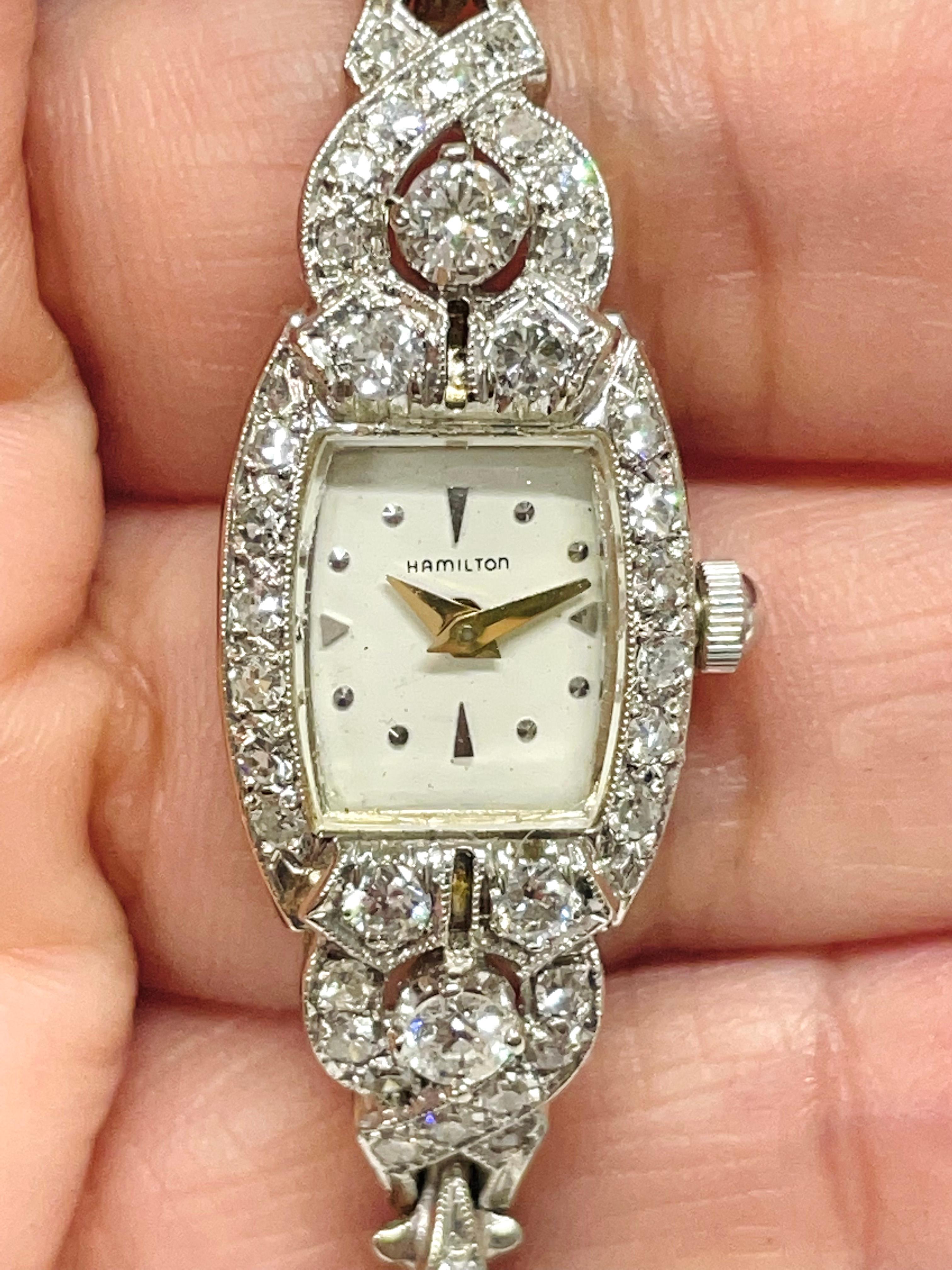 Round Cut Hamilton Ladies White Gold Diamond Bracelet Watch, Circa 1930s For Sale