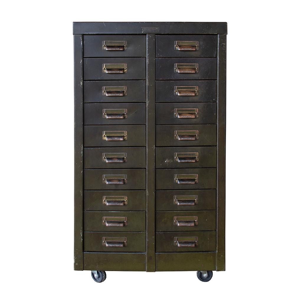 This handsome Hamilton Mfg. cabinet has twenty drawers, each emblazoned with the Hamilton name. Made of heavy gauge steel, this early 20th century original has a great look and is a powerhouse of utility.