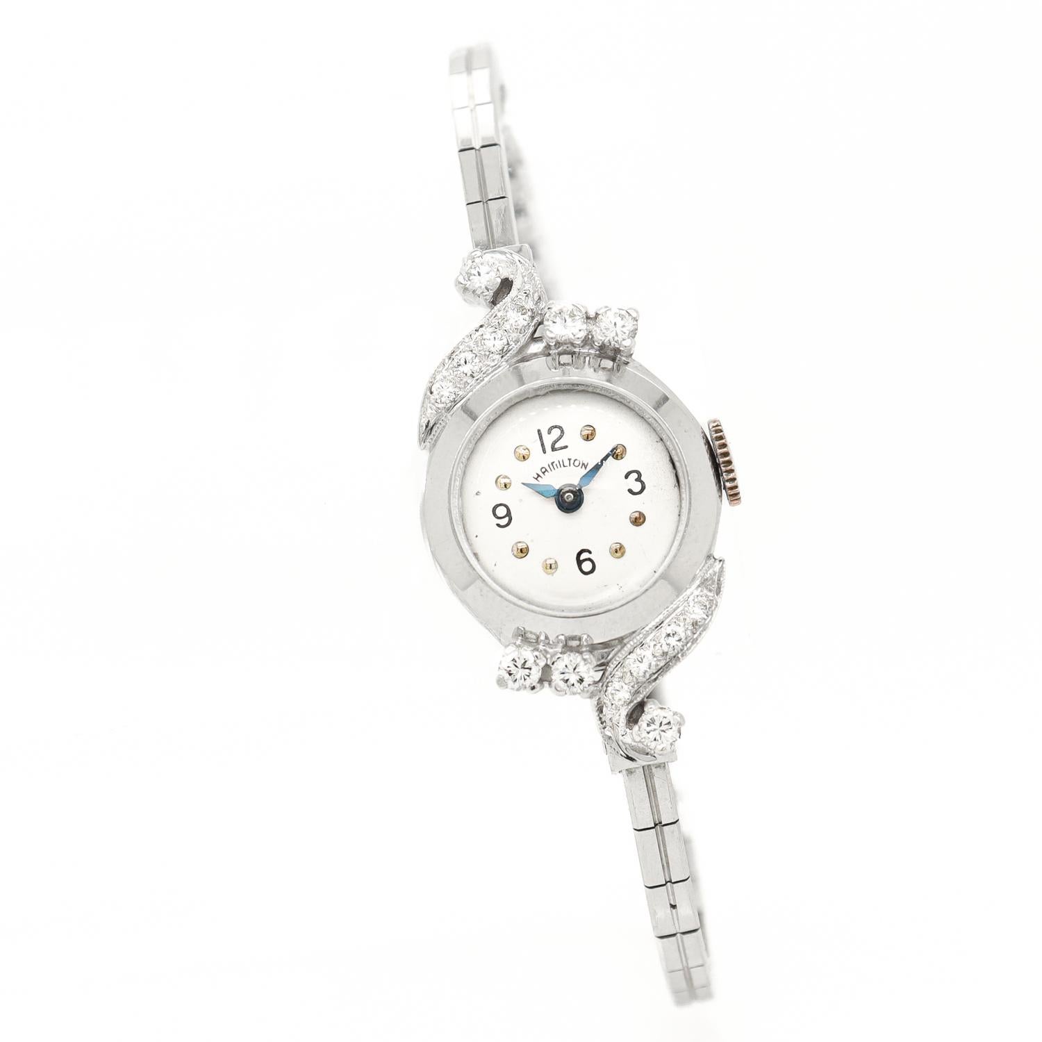 Orologio da donna Hamilton Mid-Century Modern in oro bianco 14k e diamanti In condizioni buone in vendita a Philadelphia, PA