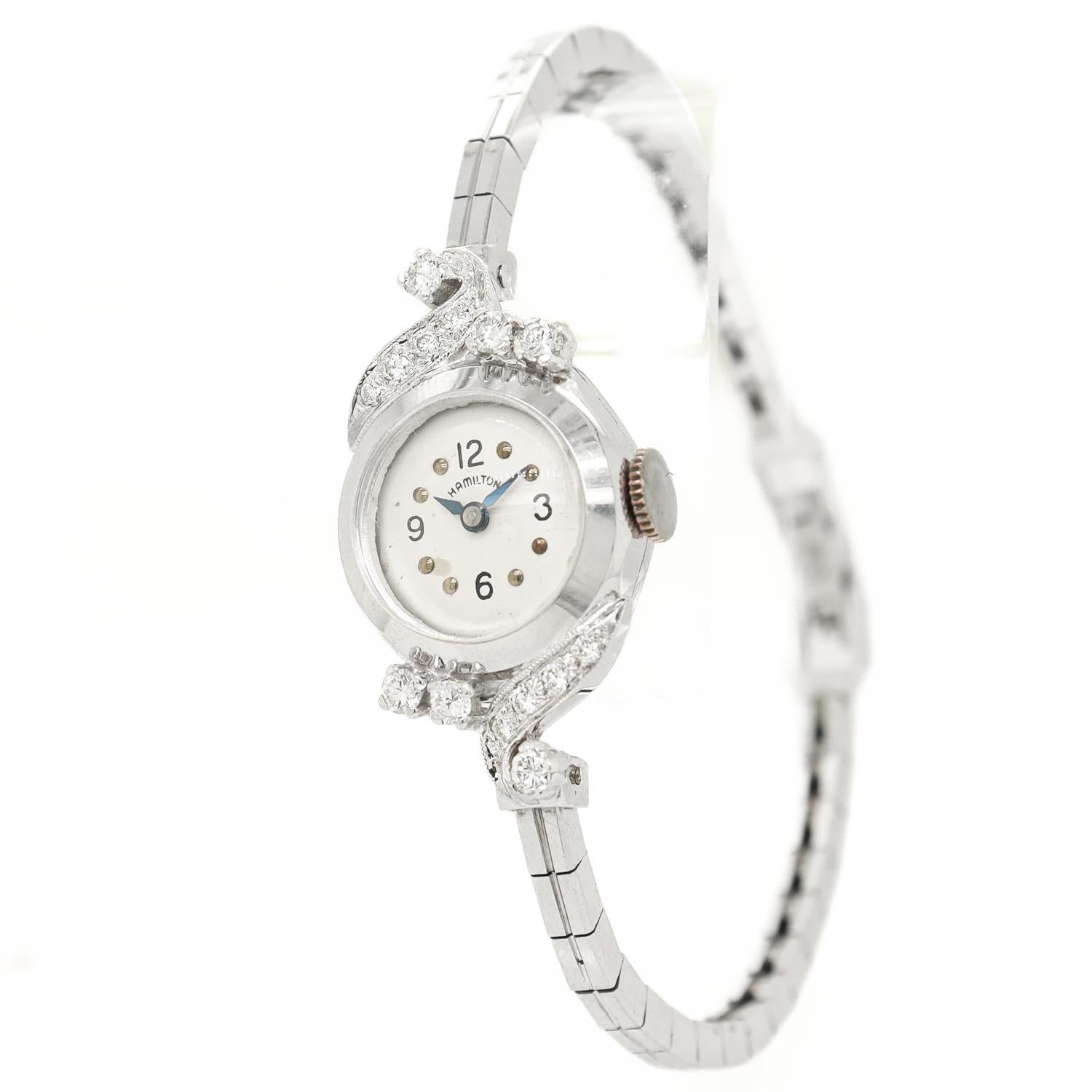 Donna Orologio da donna Hamilton Mid-Century Modern in oro bianco 14k e diamanti in vendita