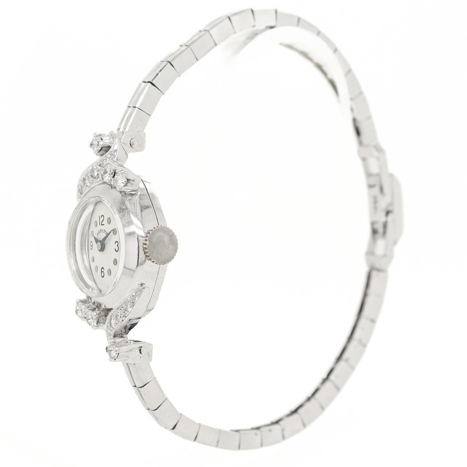 Orologio da donna Hamilton Mid-Century Modern in oro bianco 14k e diamanti in vendita 1