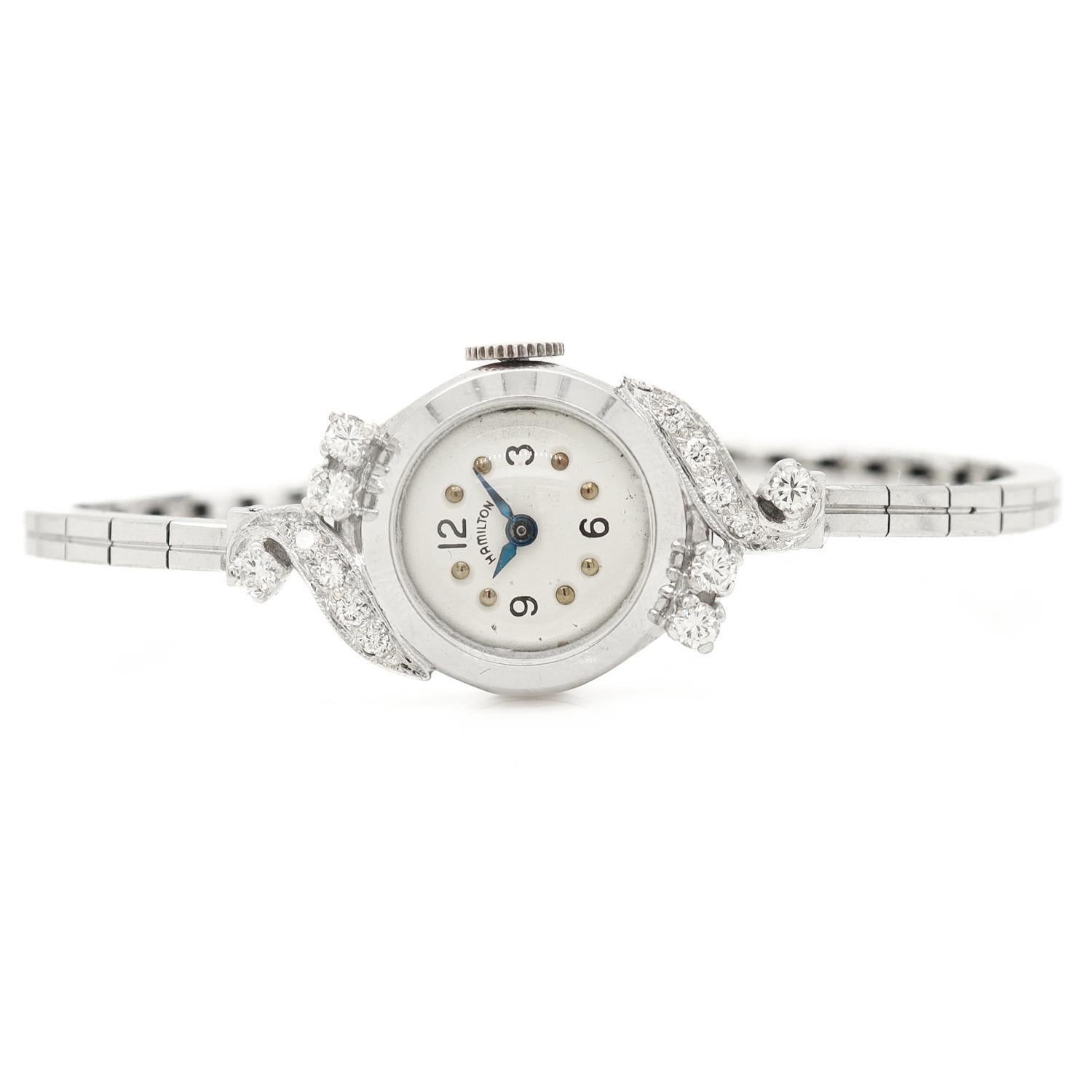 Orologio da donna Hamilton Mid-Century Modern in oro bianco 14k e diamanti in vendita 2