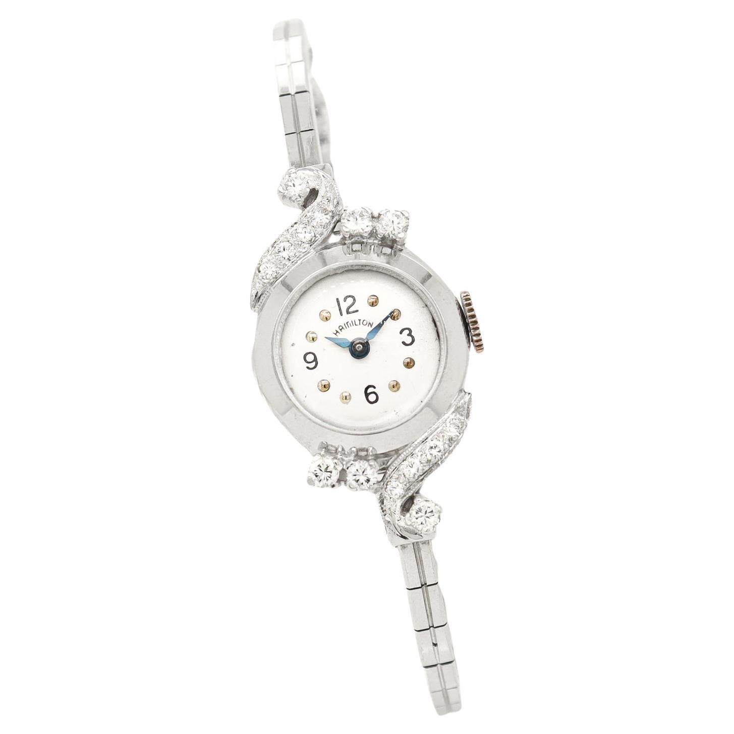 Orologio da donna Hamilton Mid-Century Modern in oro bianco 14k e diamanti in vendita