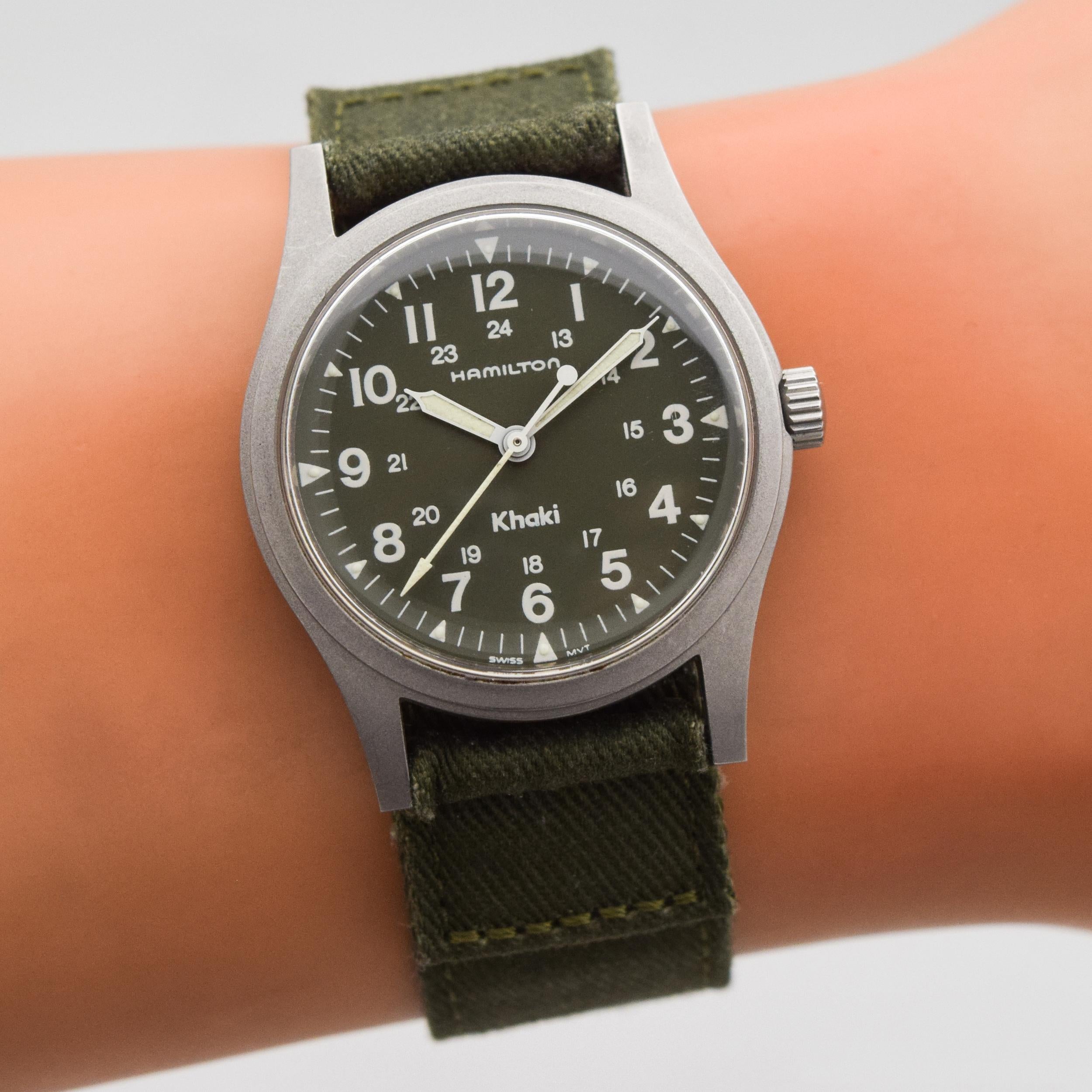 Hamilton Military Stainless Steel Field Watch Signed Khaki, 1980s For Sale 1