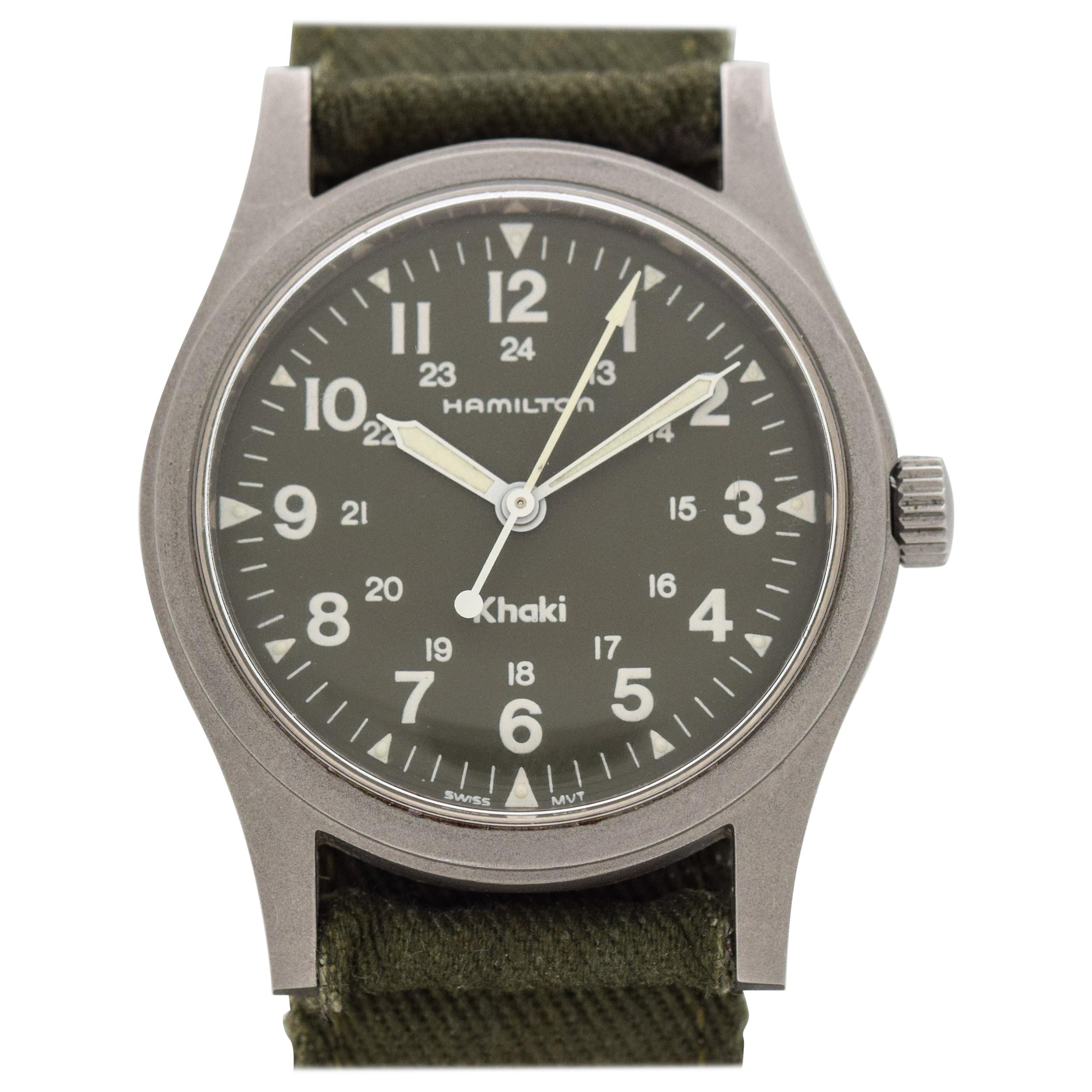 Hamilton Military Stainless Steel Field Watch Signed Khaki, 1980s For Sale