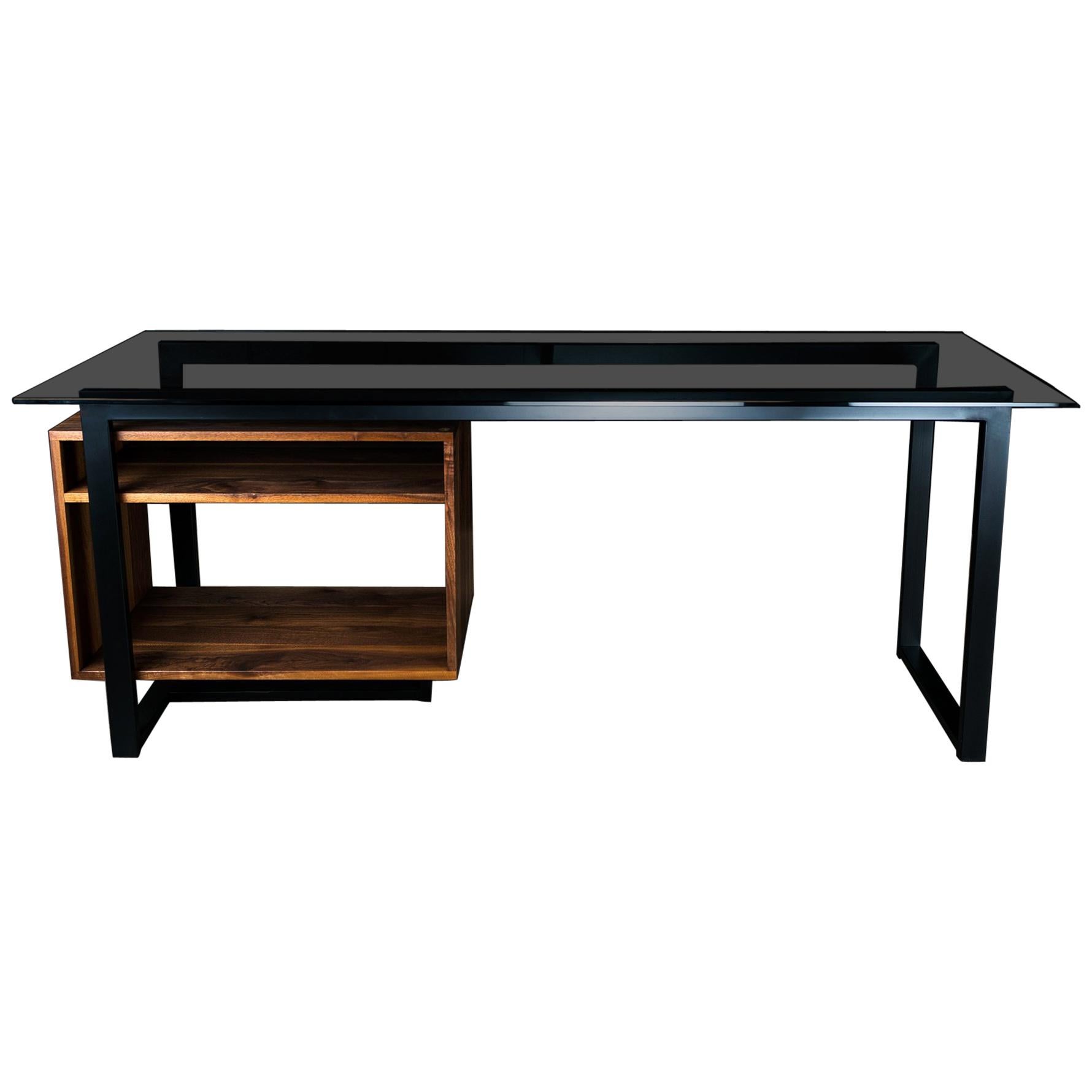 Hamilton Modern Desk, by Ambrozia, Tinted Glass, Black Steel, Solid Black Walnut