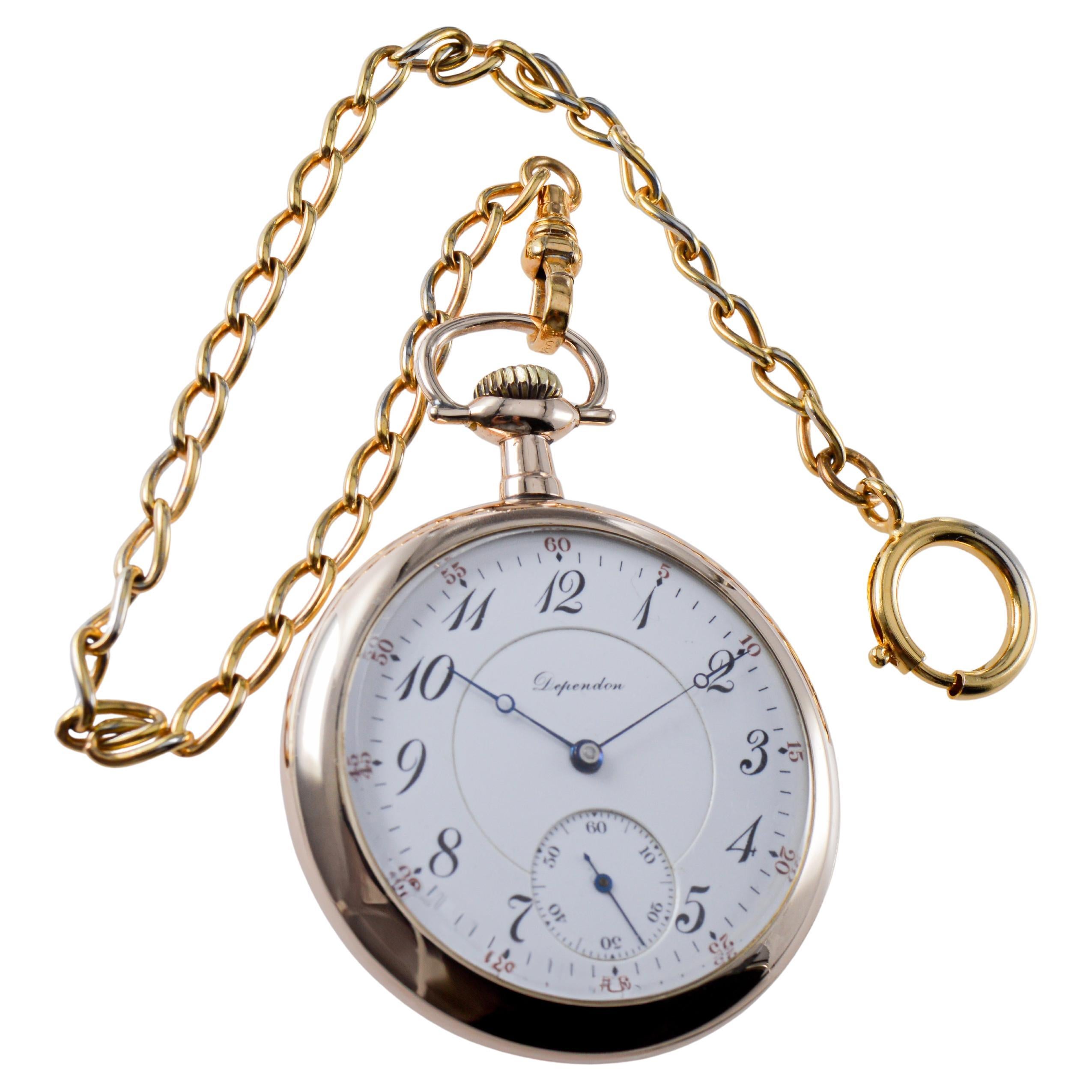 FACTORY / HOUSE: Dependon, by Hamilton Watch Co. for the J.V. Falwell Company
STYLE / REFERENCE: Open Faced Pocket Watch
METAL / MATERIAL: Yellow Gold Filled 
CIRCA / YEAR: 1923
DIMENSIONS / SIZE: Diameter 50mm
MOVEMENT / CALIBER: Manual Winding /
