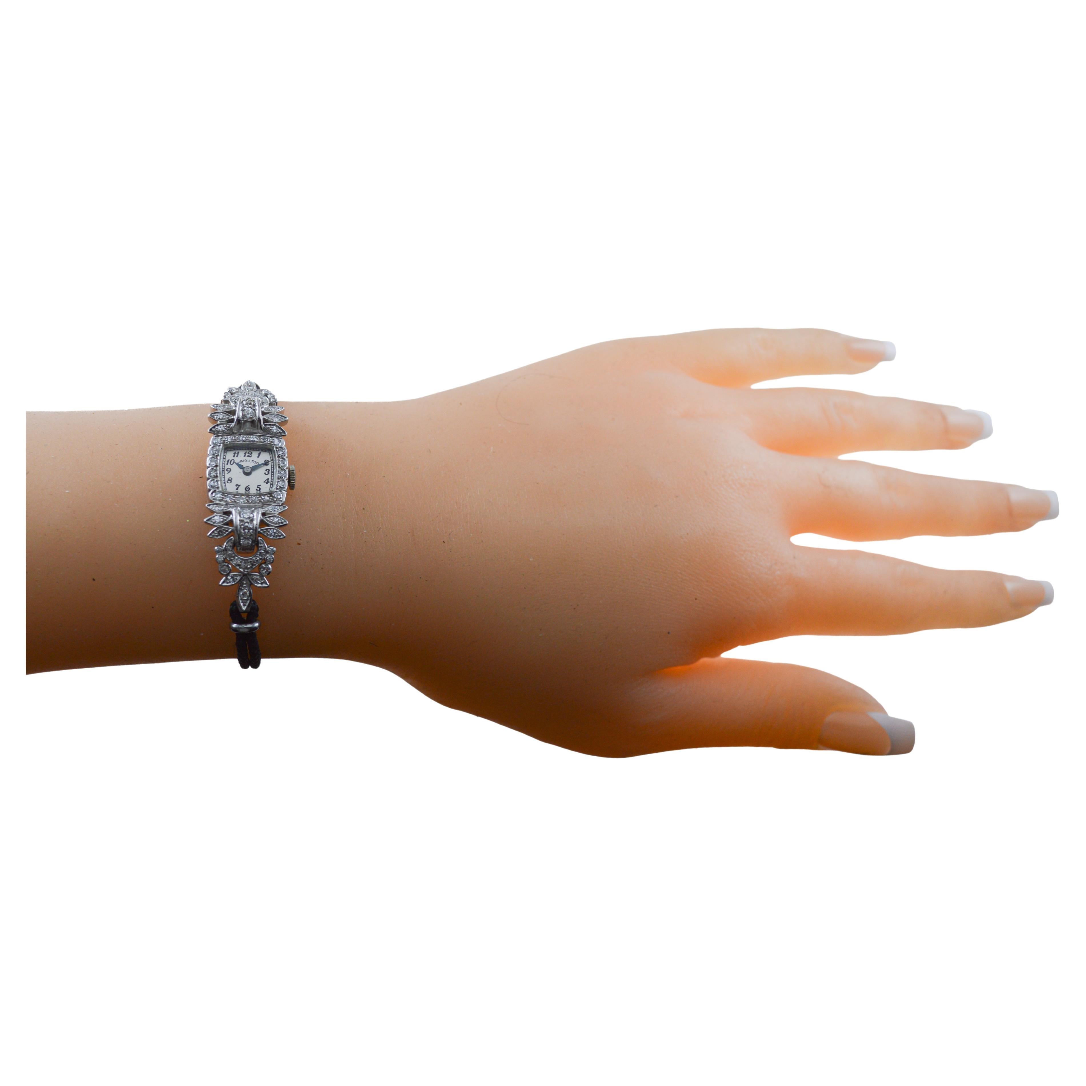 Hamilton Platinum Art Deco Ladies Watch with Cord Band or Matching Metal Band For Sale 8