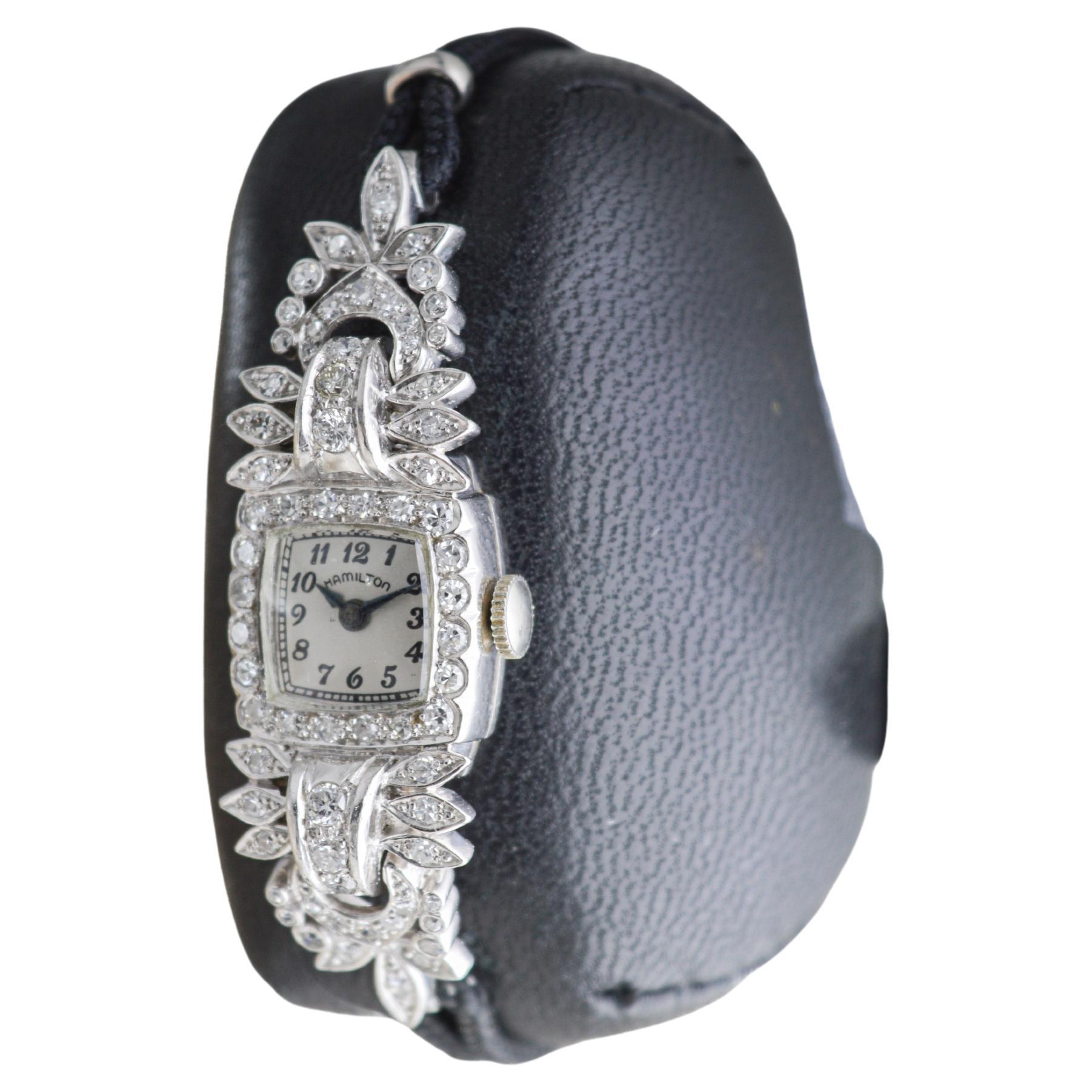 Hamilton Platinum Art Deco Ladies Watch with Cord Band or Matching Metal Band For Sale 1