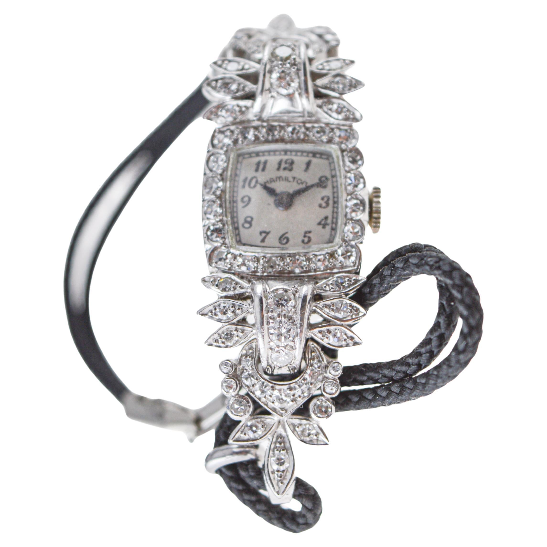 Hamilton Platinum Art Deco Ladies Watch with Cord Band or Matching Metal Band For Sale 2