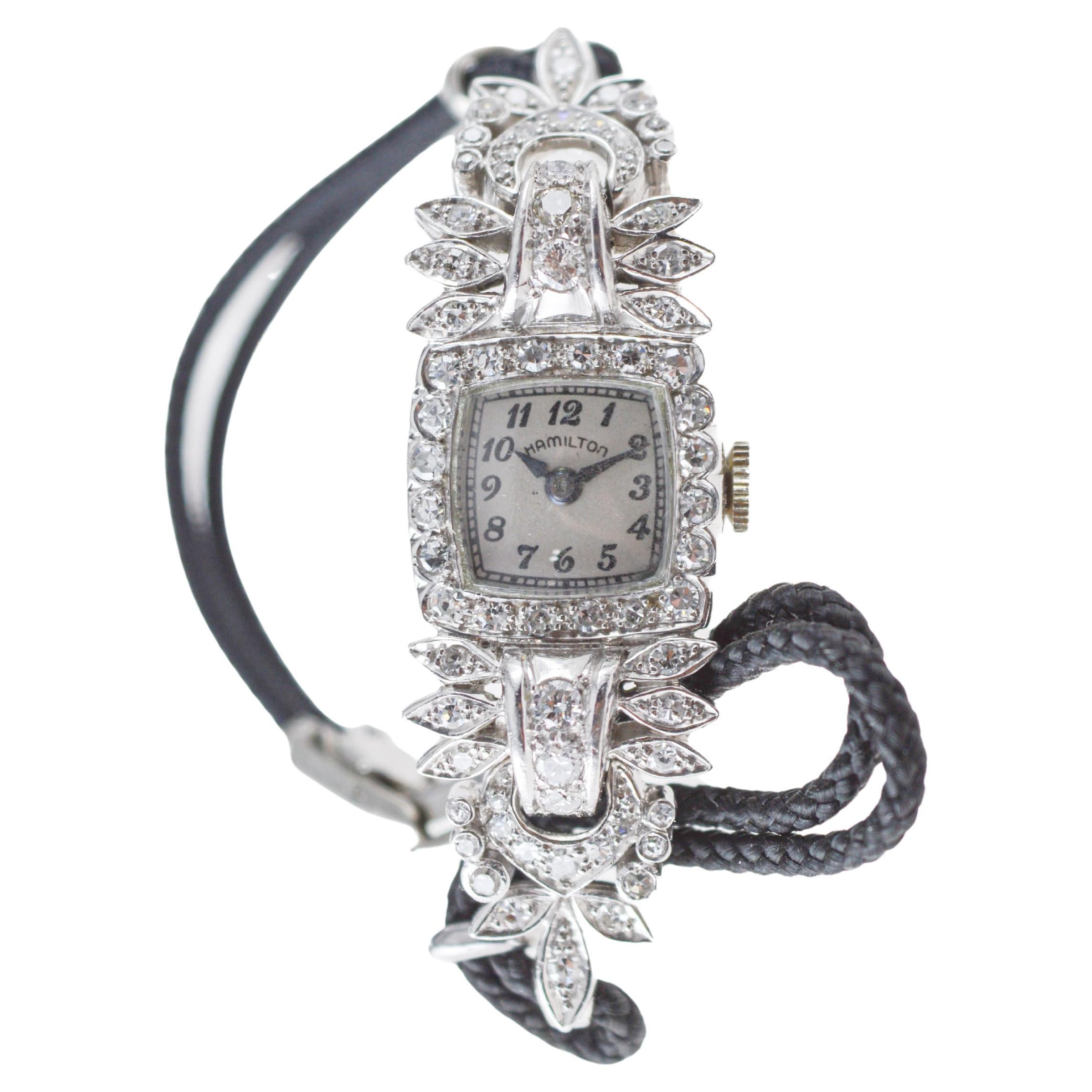 Hamilton Platinum Art Deco Ladies Watch with Cord Band or Matching Metal Band For Sale 3