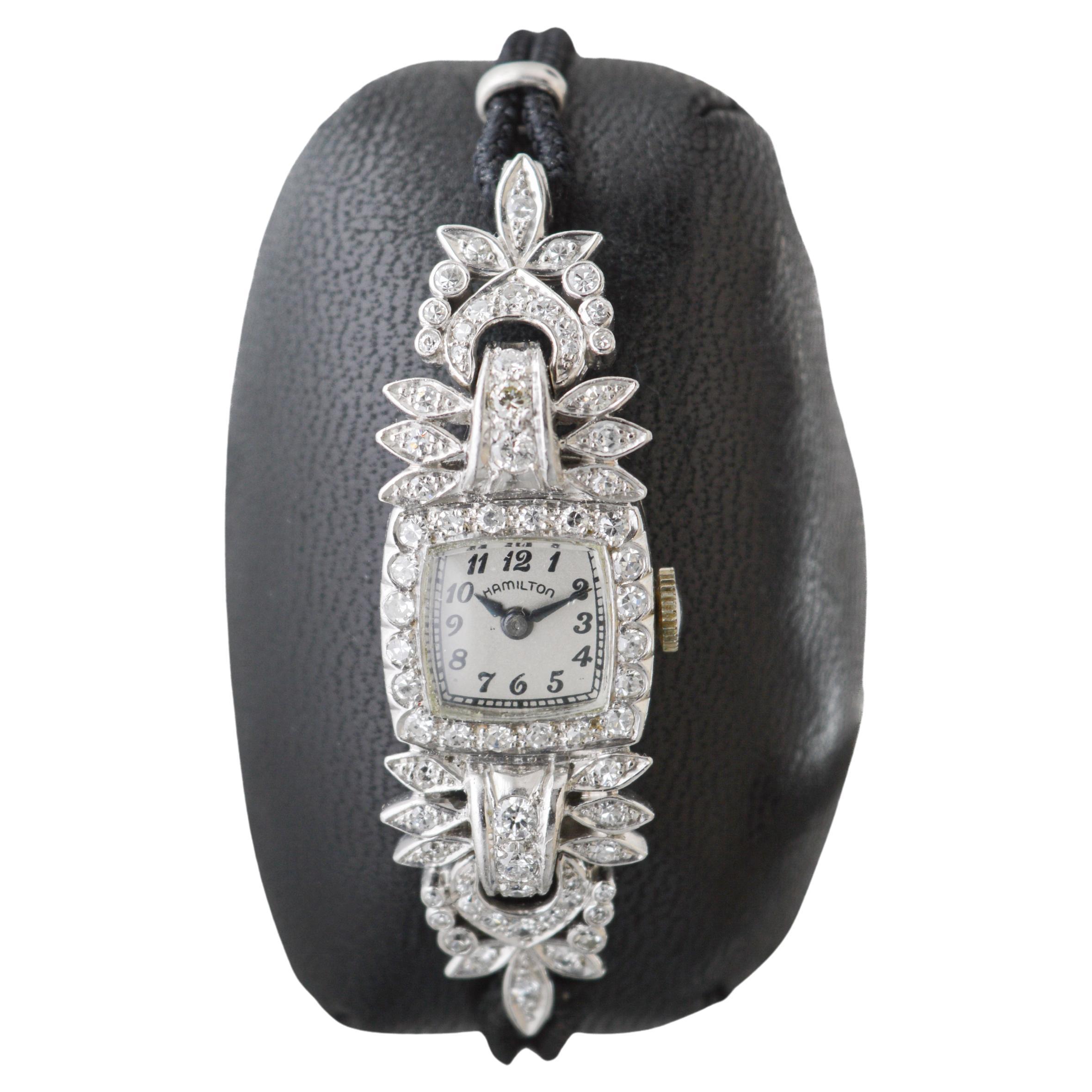 Hamilton Platin Art Deco Damenuhr mit Kordelband oder passendem Metallband