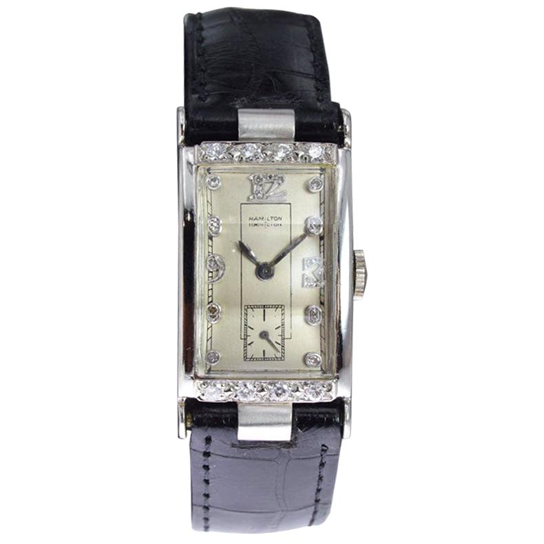 Hamilton Platinum Art Deco Tank Style with Original Diamond Dial For Sale