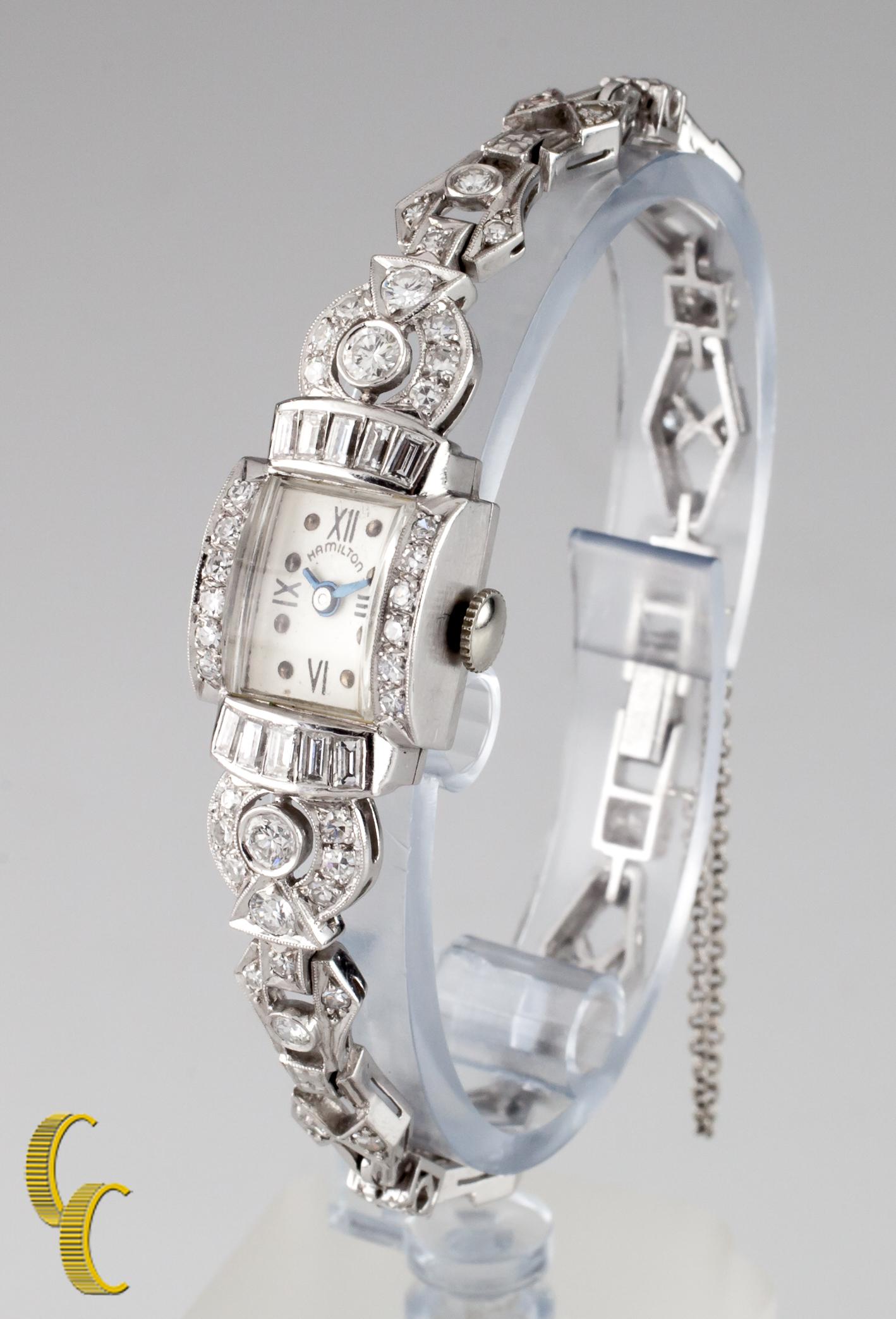 Hamilton Platinum Diamond Art Deco Uhr für Damen mit mechanischem Handaufzug im Zustand „Gut“ in Sherman Oaks, CA