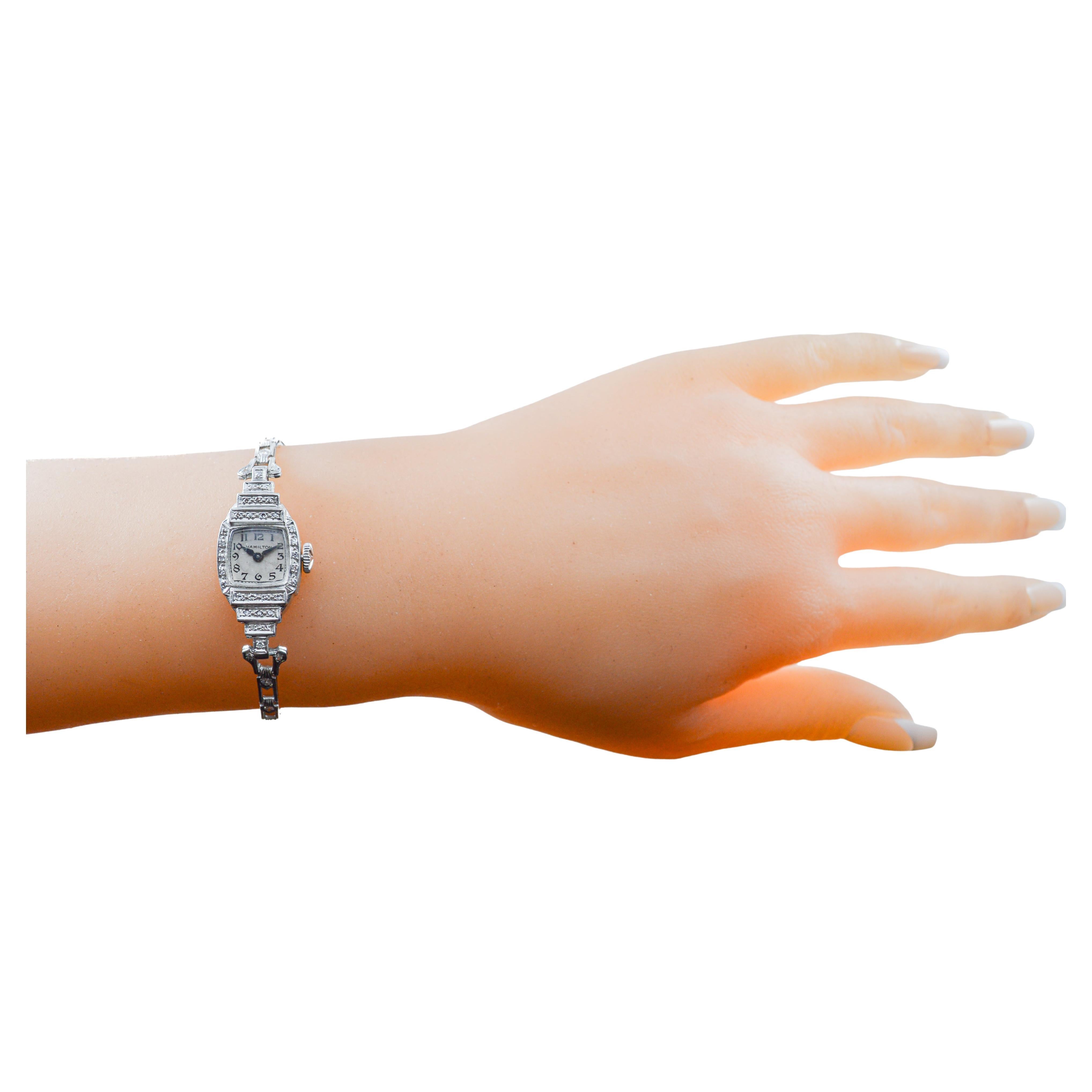 Hamilton Platinum Ladies Art Deco Styled Diamond Dress Watch, circa 1940er Jahre im Angebot 10