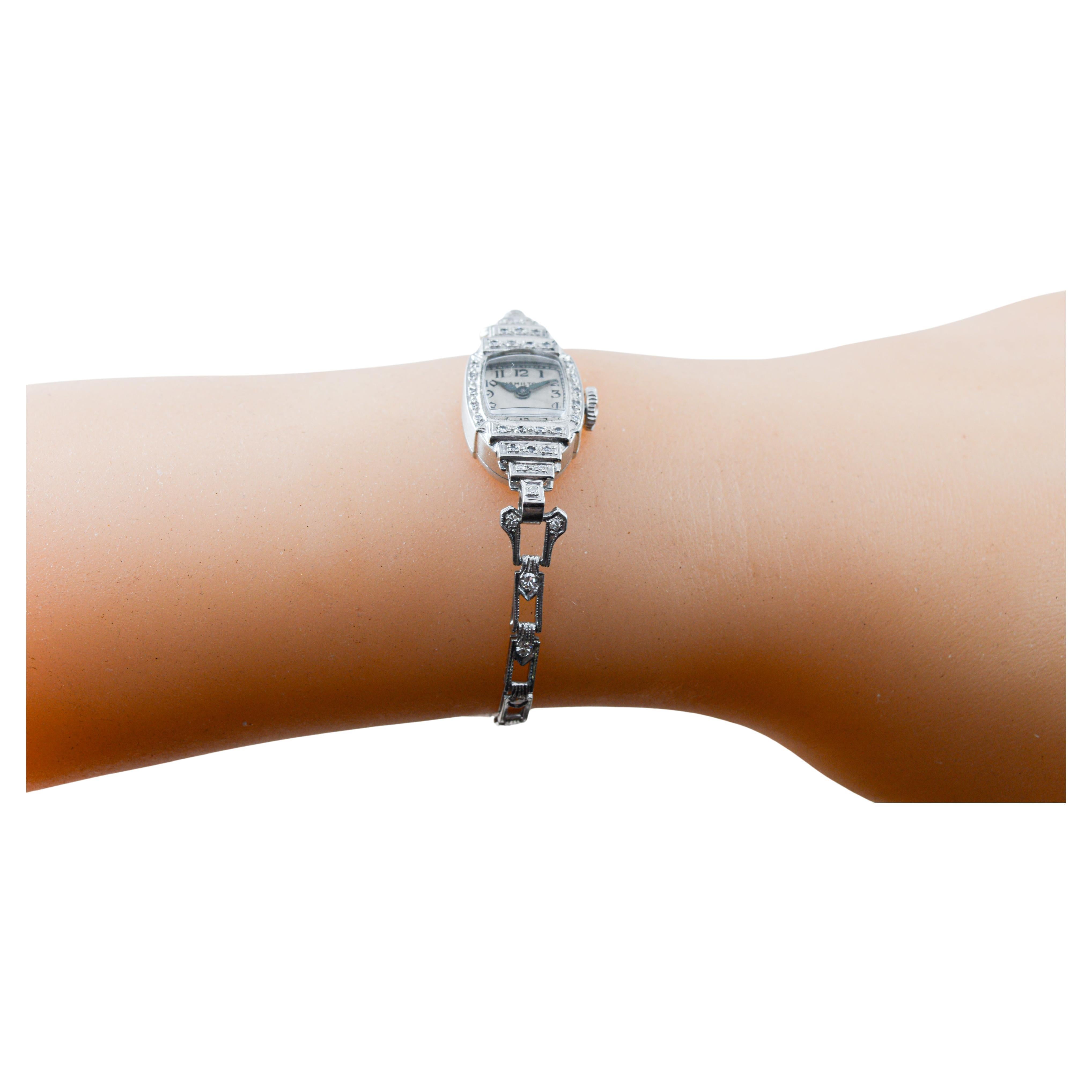 Hamilton Platinum Ladies Art Deco Styled Diamond Dress Watch, circa 1940er Jahre im Angebot 11