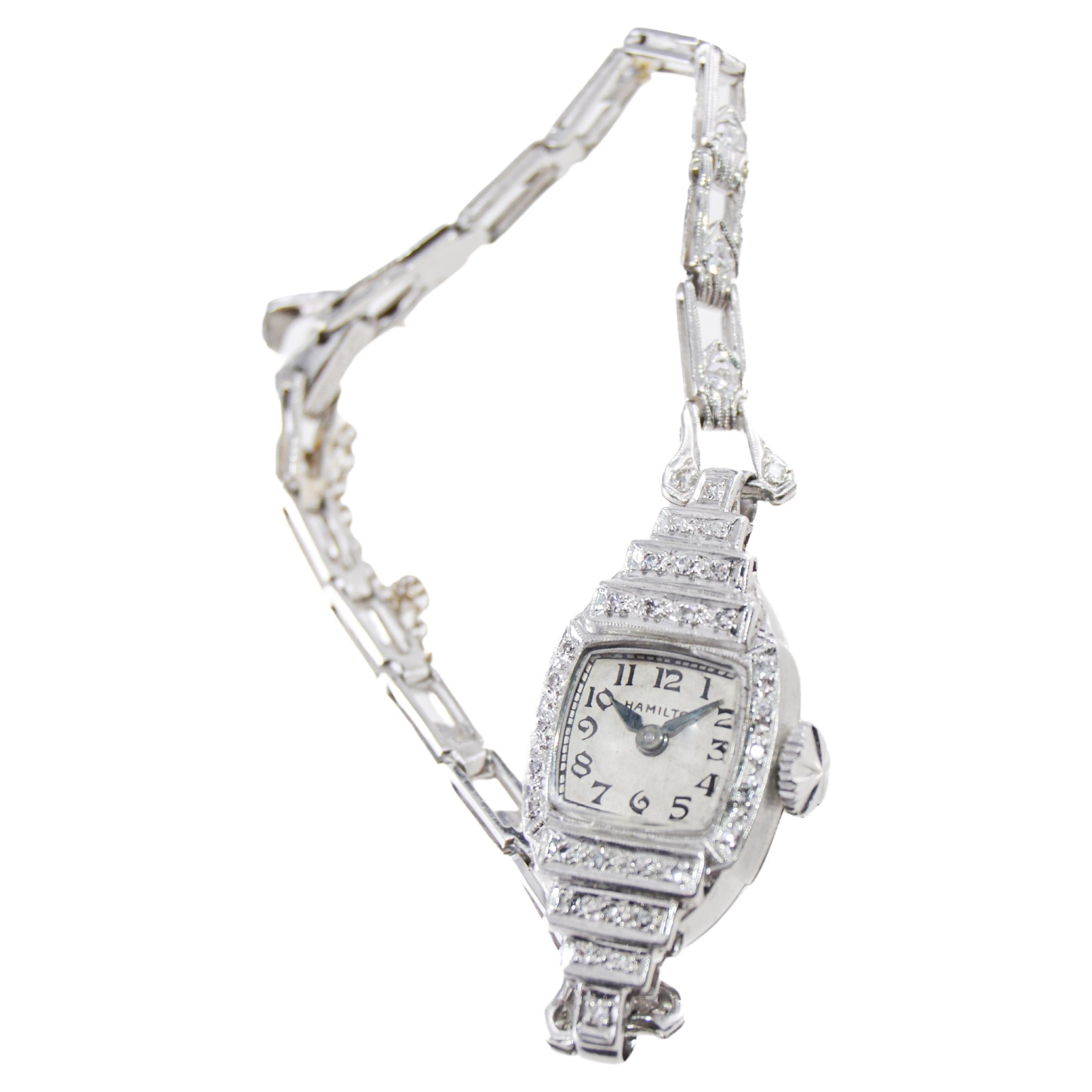Hamilton Platinum Ladies Art Deco Styled Diamond Dress Watch, circa 1940s In Excellent Condition For Sale In Long Beach, CA
