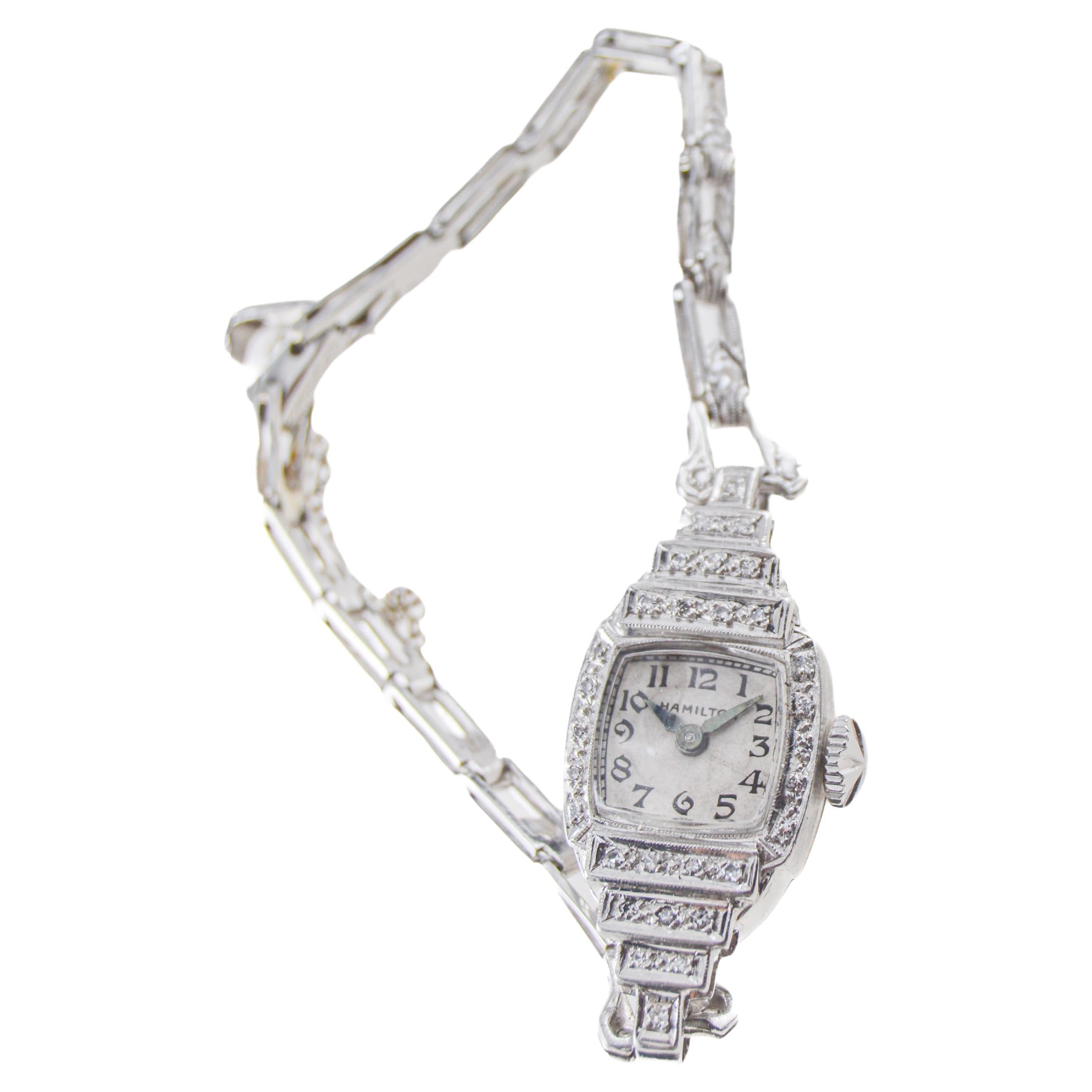 Women's Hamilton Platinum Ladies Art Deco Styled Diamond Dress Watch, circa 1940s For Sale