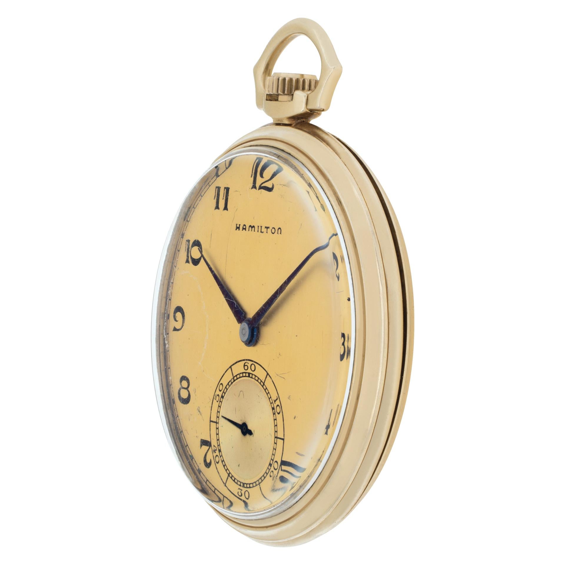 Hamilton pocket watch in 14k yellow gold - model 923 manual wind movement with 23 jewels. The best of the best made in America. Arabic numerals with subseconds on the dial. 44 mm case size. Presentation watch from 1953. Ref R3163. Fine Pre-owned