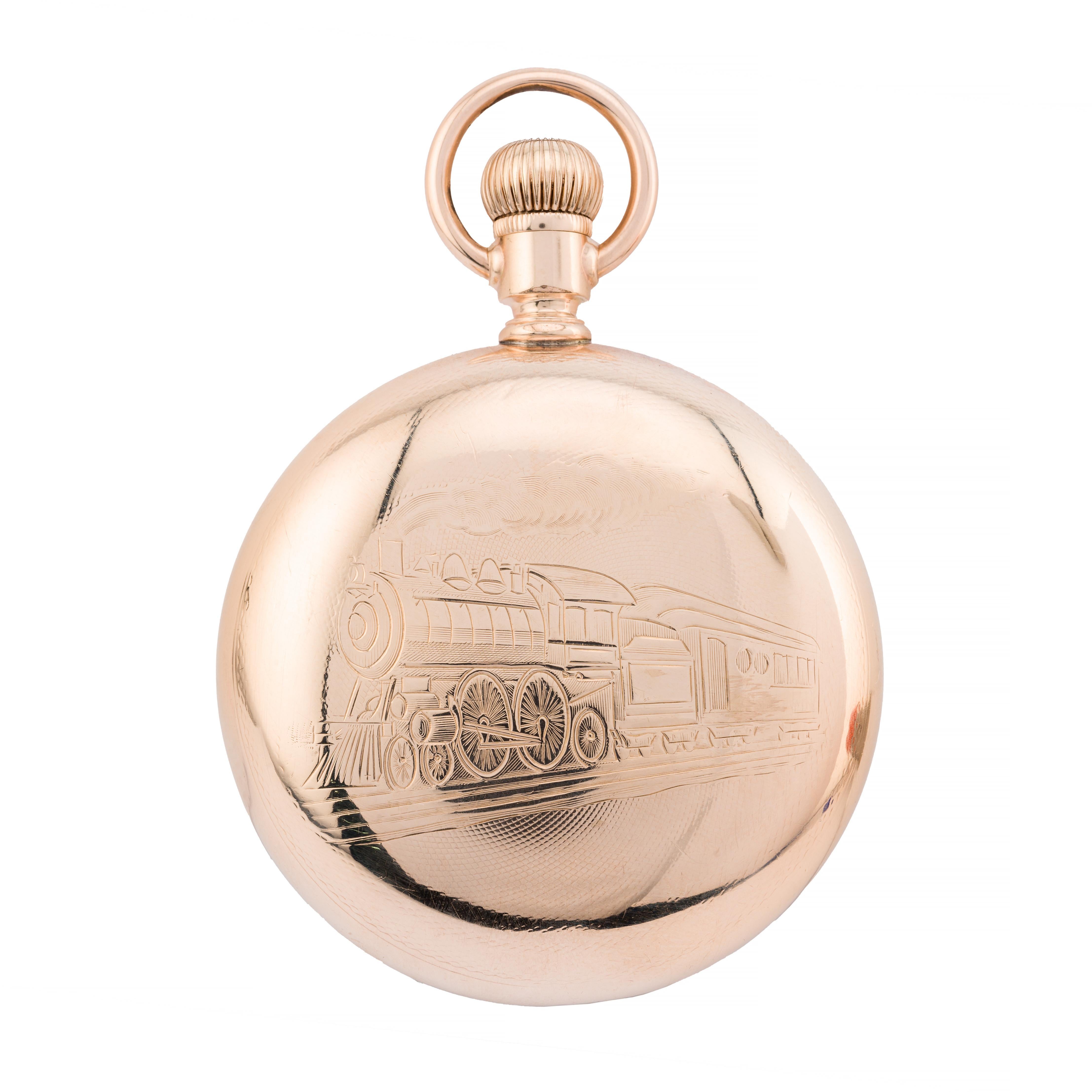 Hamilton Railroad 21 Jewel Grade 940 in Locomotive Gold Filled Case In Excellent Condition In Boston, MA