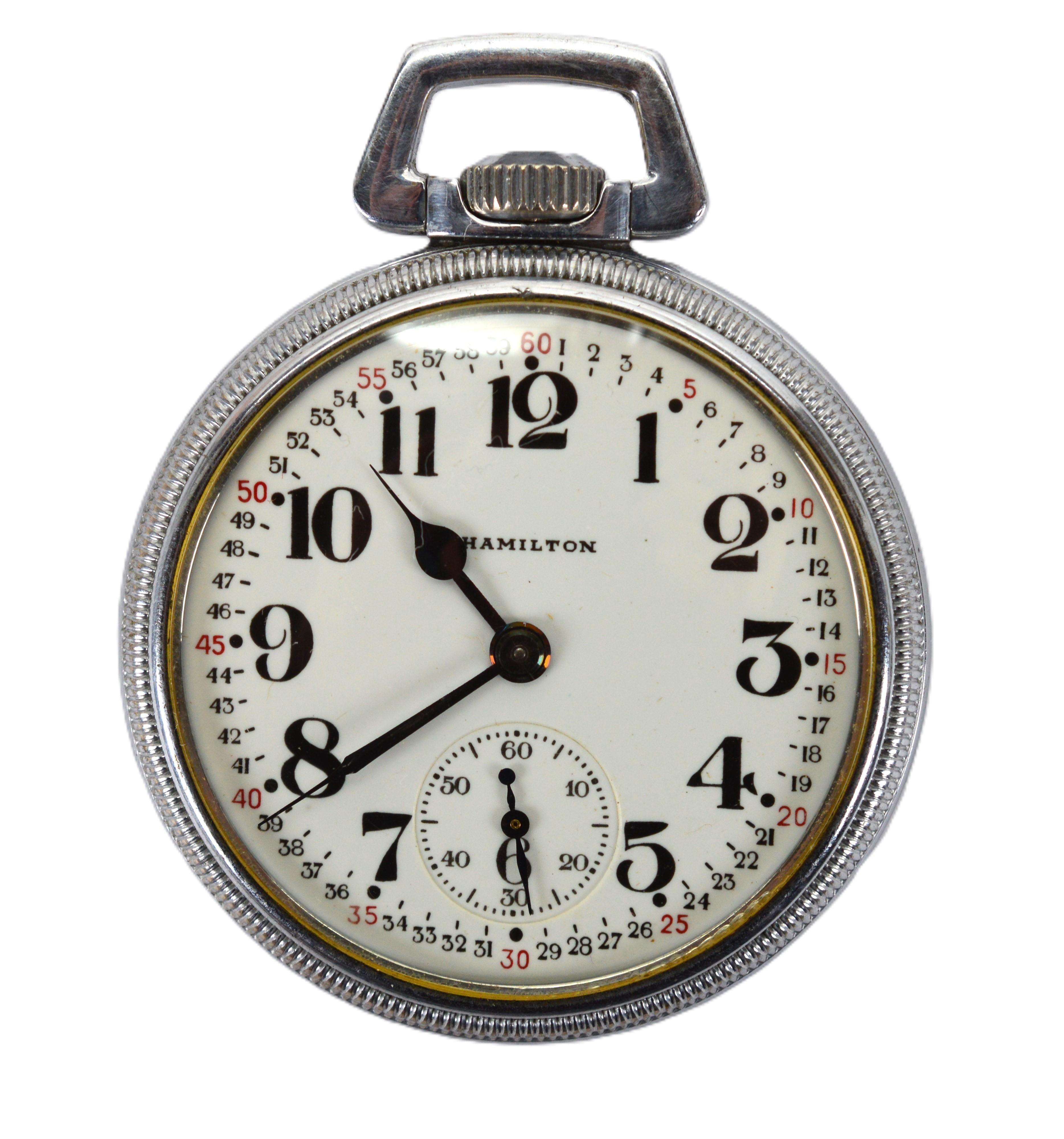 With original issued packaging and in operating condition, this interesting timepiece dates back circa 1960 Vietnam era. Issued by U.S. Army Ordinance Department 6645-679-821, this steel Hamilton Railroad Grade Pocket Watch was designed for use by
