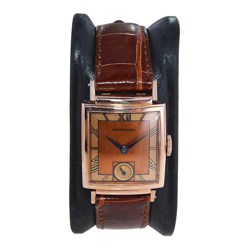 Hamilton Rose Gold Filled Art Deco Tank Style Watch from 1940's In Excellent Condition In Long Beach, CA