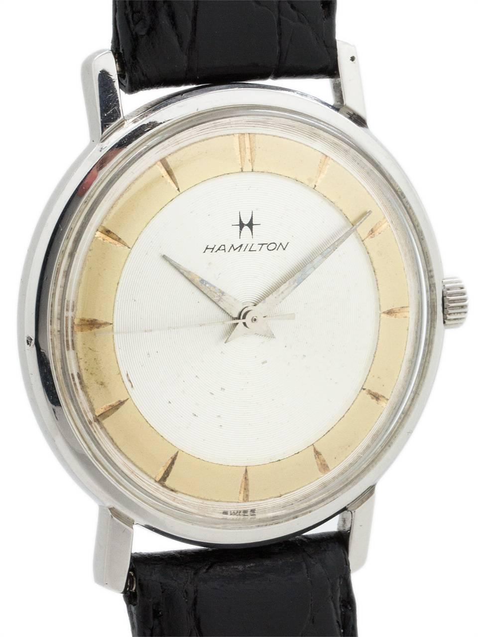 
 Hamilton “Sea Guard” automatic stainless steel circa 1961. Featuring 33mm diameter thin case with beautiful original 2 tone dial with slender applied silver indexes and tapered silver hands. Powered by self winding caliber 688 self winding