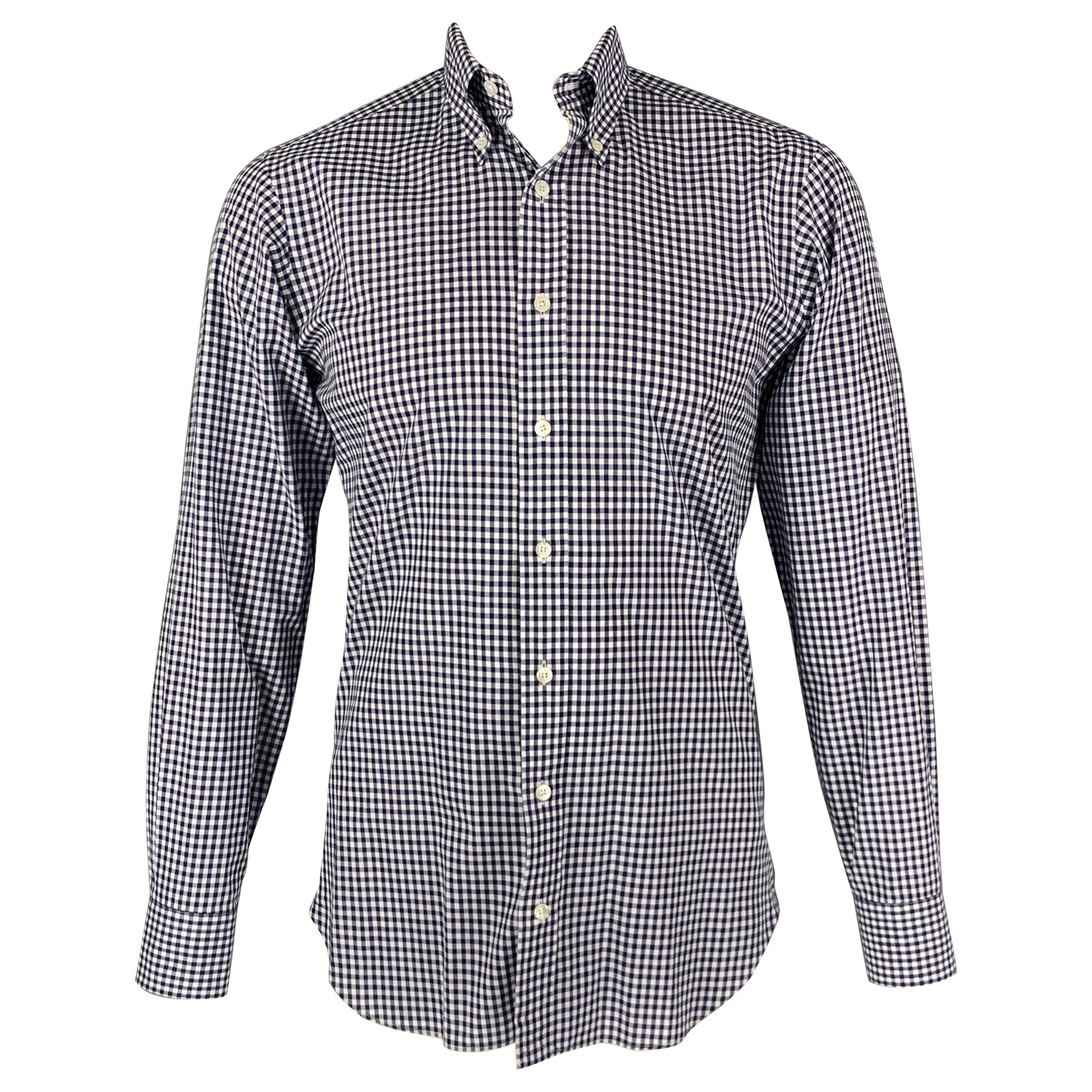 HAMILTON Größe L Marineblaues langärmeliges Hemd mit langen Ärmeln aus Gingham