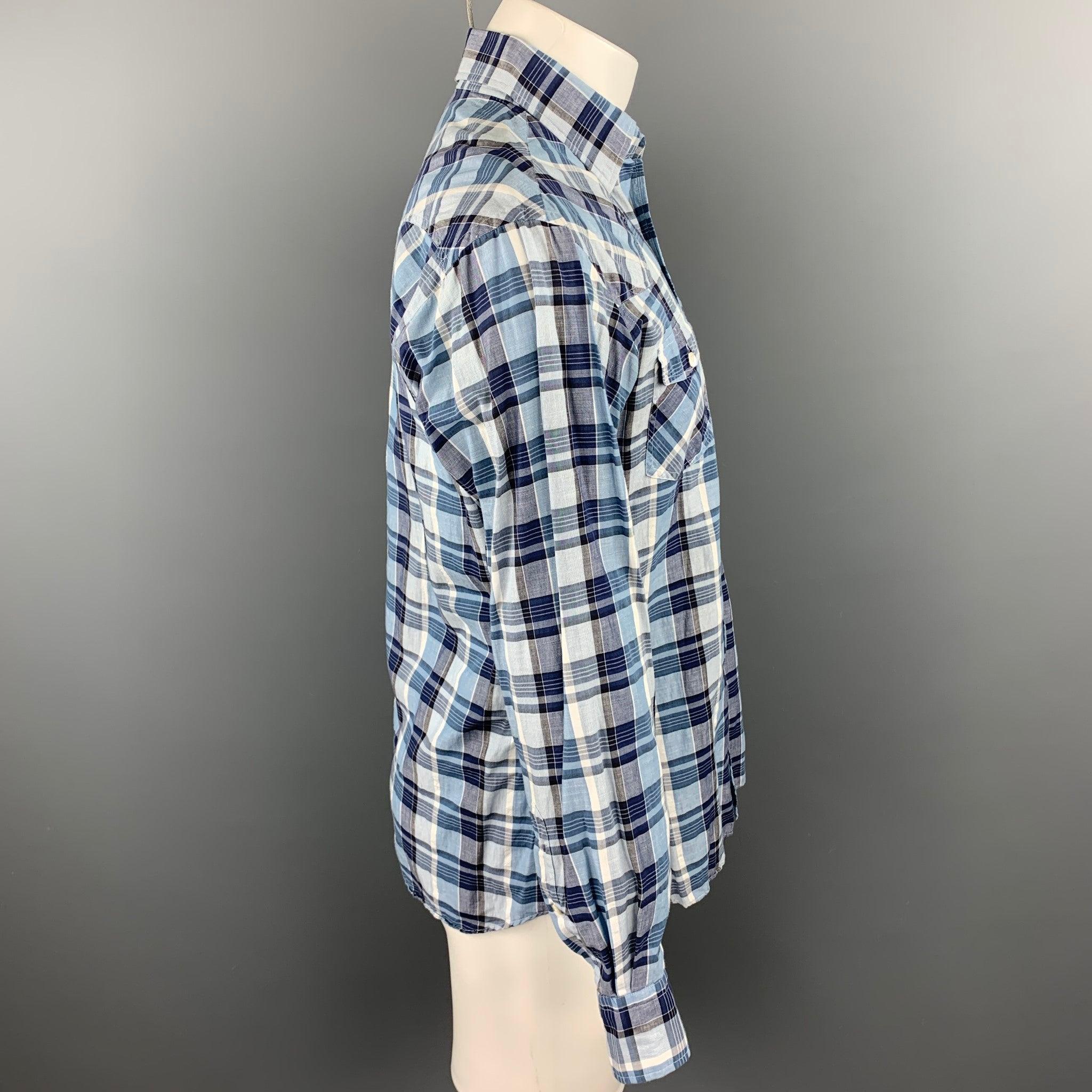 HAMILTON
long sleeve shirt comes in a blue plaid cotton featuring a button up style, front pockets, and a spread collar. Made in USA.Good Pre-Owned Condition. 

Marked:   M 

Measurements: 
 
Shoulder: 18.5 inches 
Chest: 42 inches 
Sleeve: 24.5