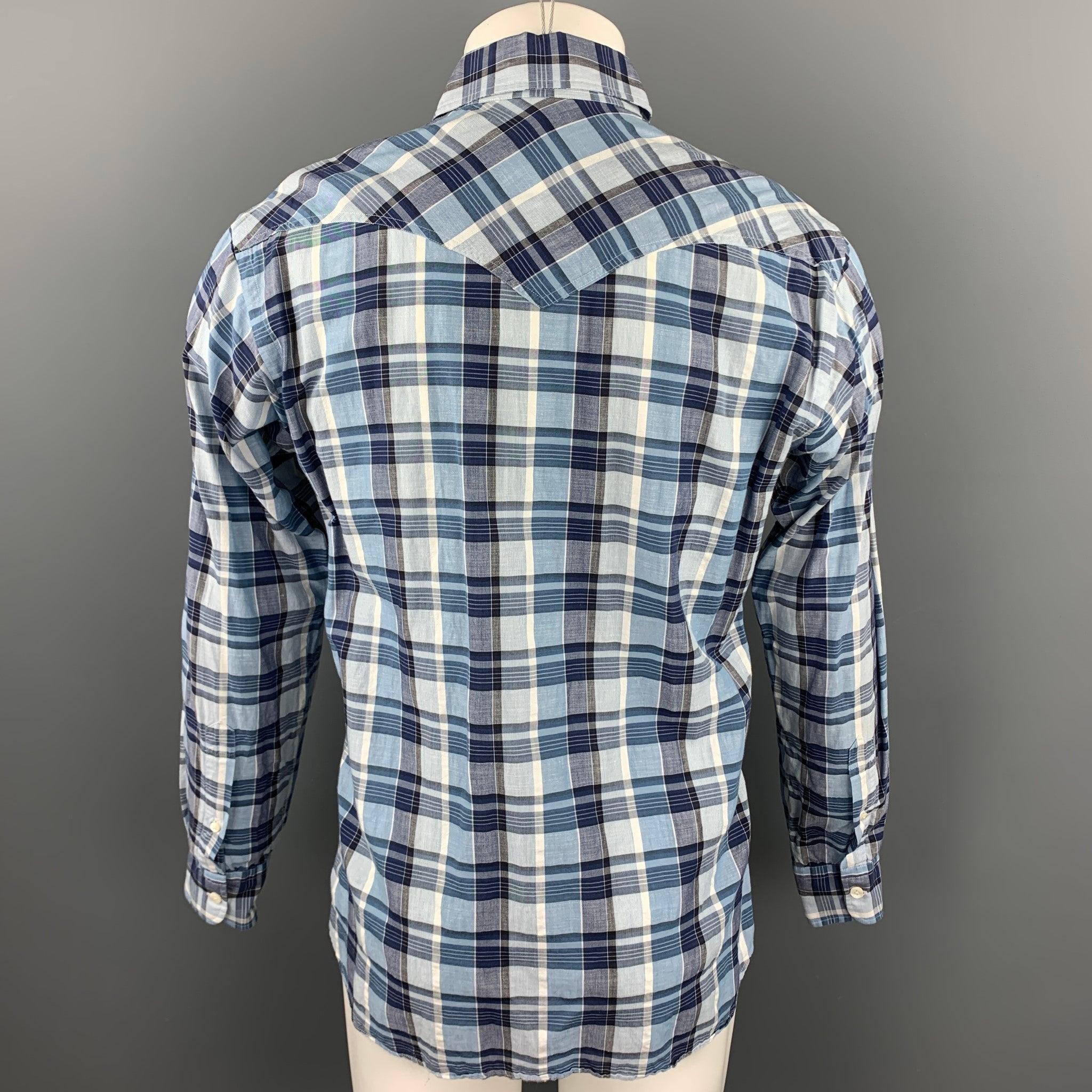 HAMILTON Size M Blue Plaid Cotton Patch Pockets Long Sleeve Shirt In Good Condition For Sale In San Francisco, CA