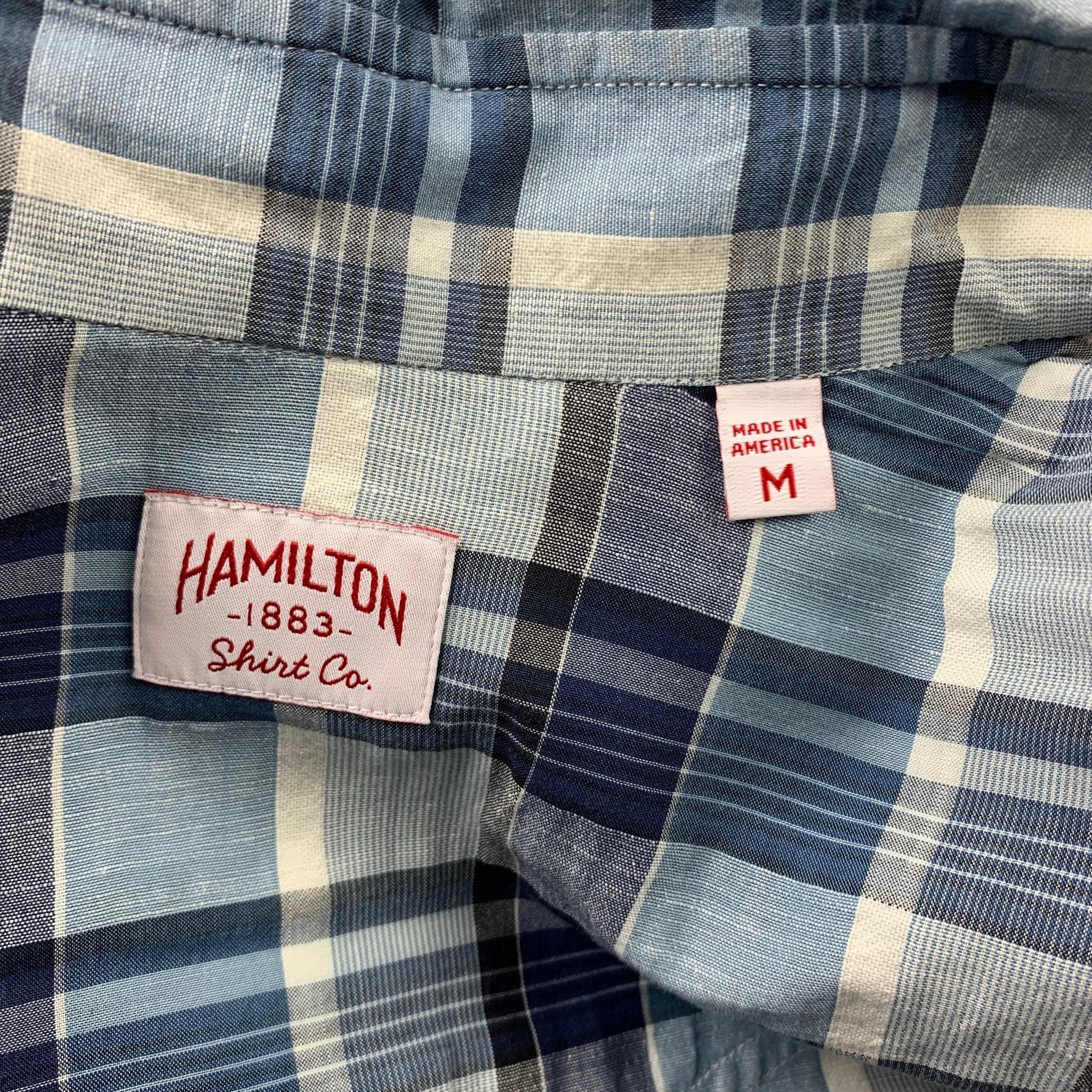 Men's HAMILTON Size M Blue Plaid Cotton Patch Pockets Long Sleeve Shirt For Sale