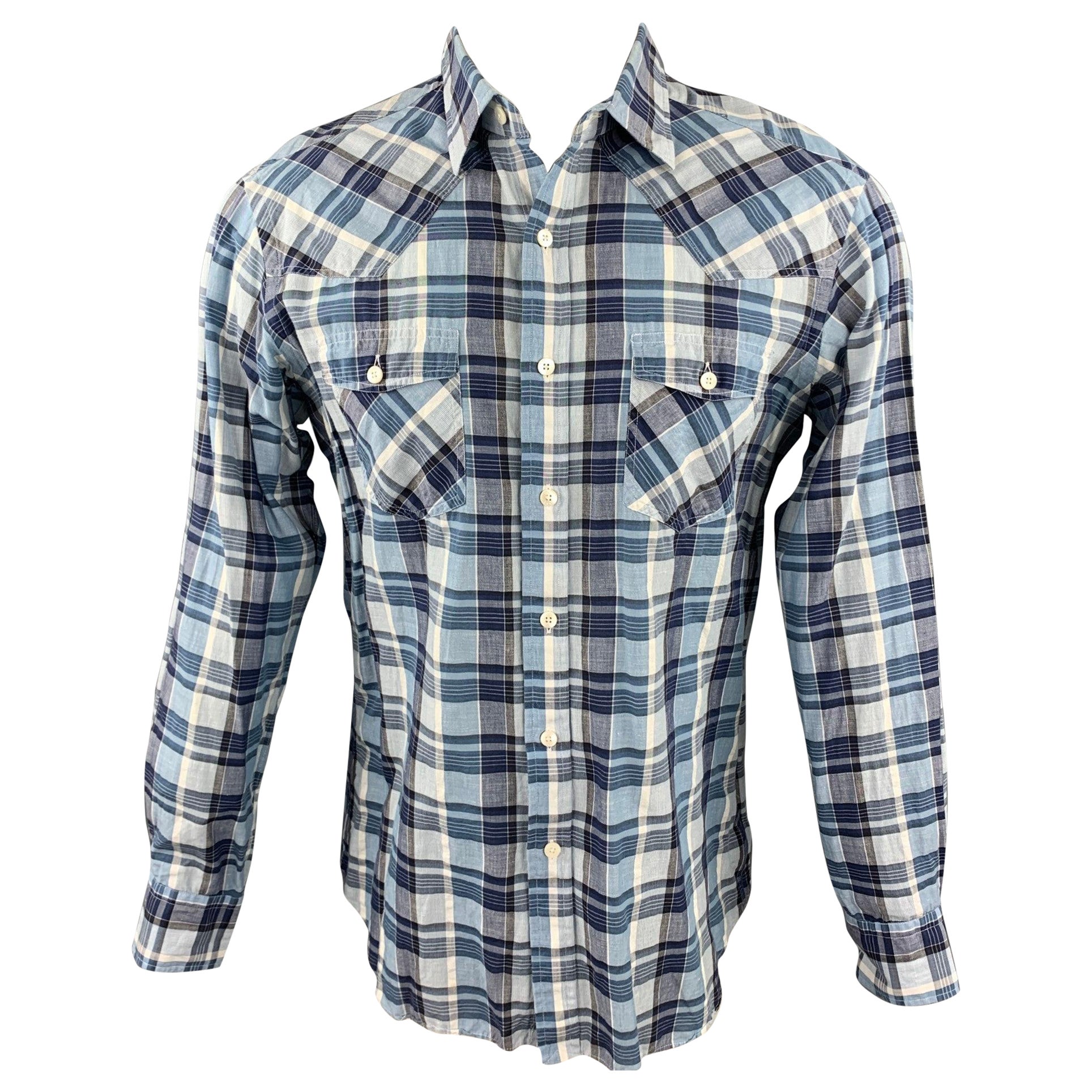 HAMILTON - Chemise à manches longues en coton à carreaux bleus avec poches patch