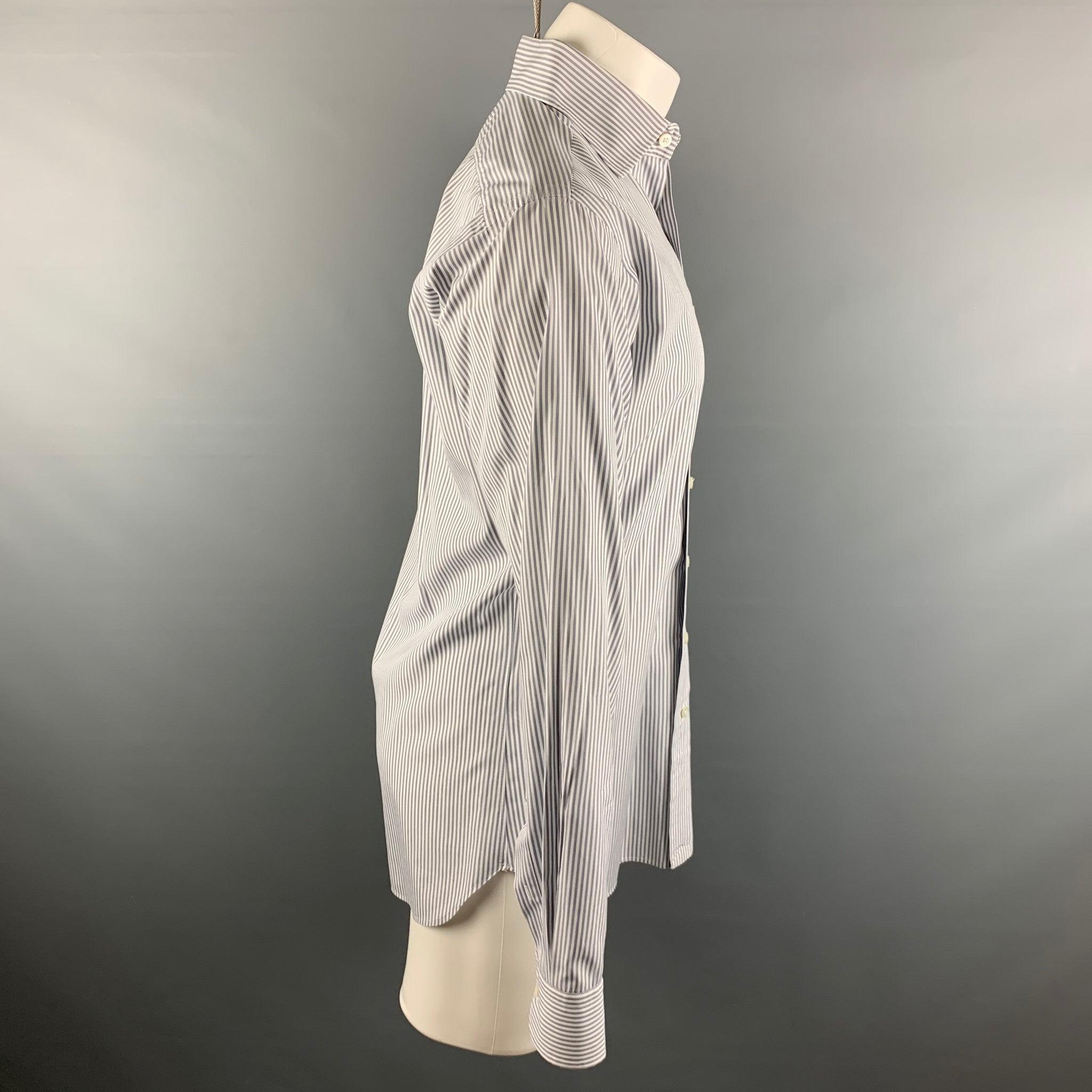 HAMILTON long sleeve button down shirt comes in white cotton, featuring grey stripes, and a button closure.
Very Good Pre-Owned Condition. 

Marked:   M 

Measurements: 
 
Shoulder: 18 inches Chest: 42 inches Sleeve: 27 inches Length: 33 inches 